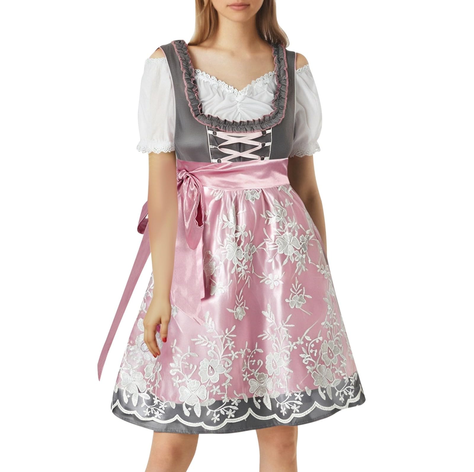 Damen Oktoberfestkleid Trachtenkleid Dirndlkleid Cosplay Kostüme für EIN Elegantes Outfit im Hofstil Spitzenblumen Schleifengürtel Design für Bierfeste Halloween Carnaval Costume
