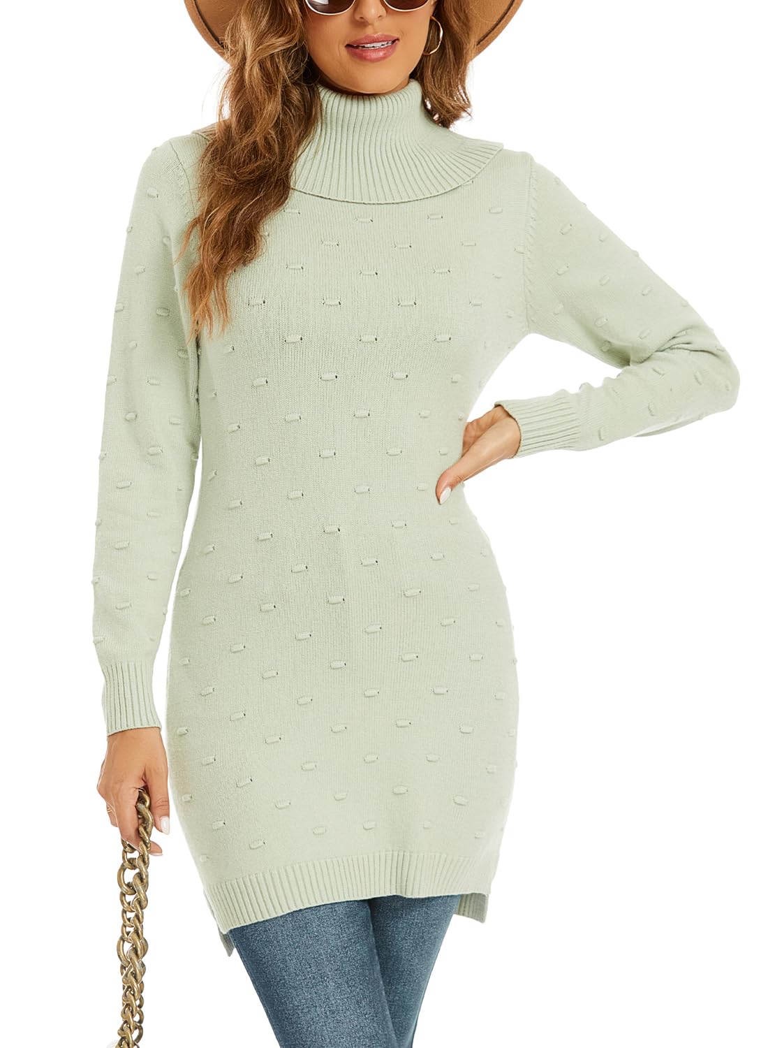 NLAND Maglione in Vestito Donna Invernale Abito Lunghe Cuello Casuala Solido Maniche Lunga Adatto Alto Elegante Caldo Aderente Pullover Maglia