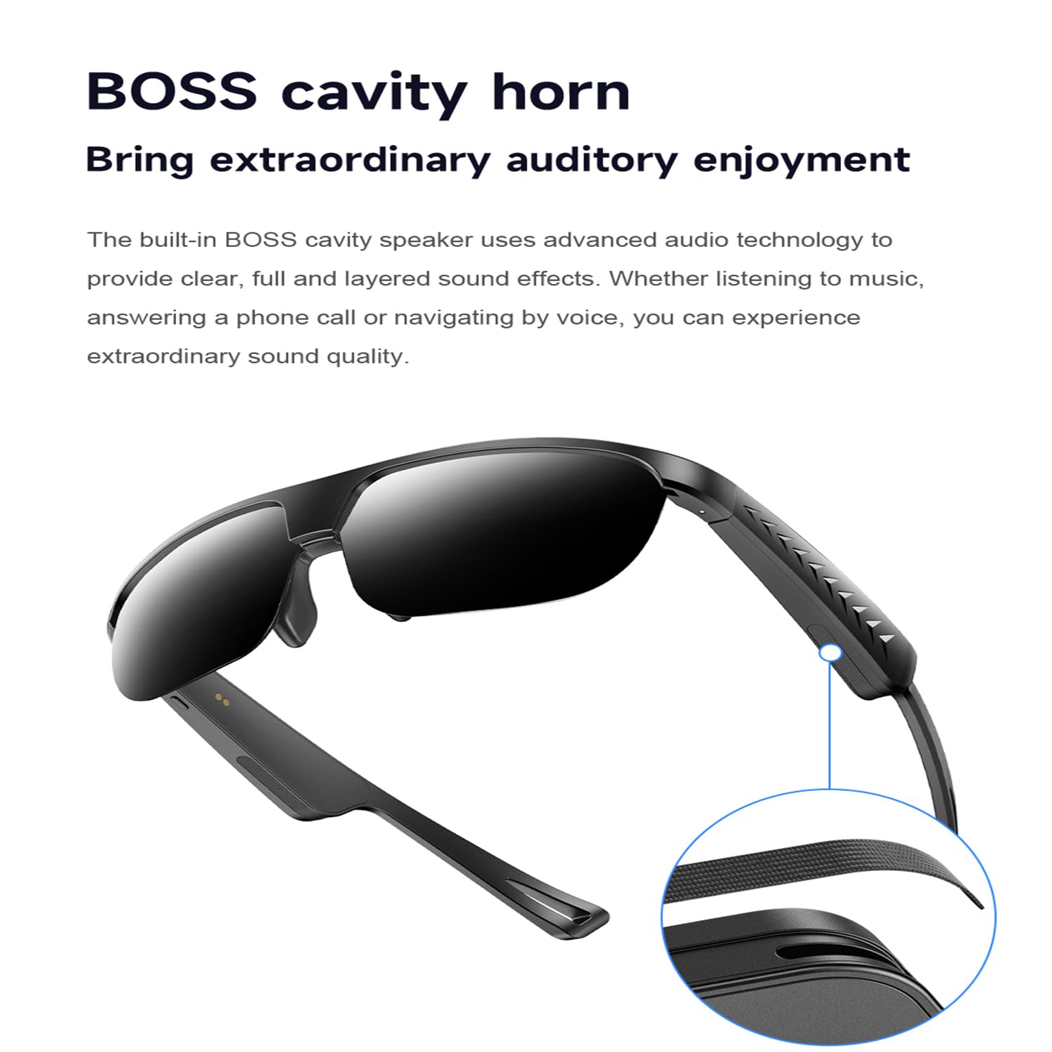 Occhiali Audio Bluetooth con Altoparlanti Boss, Riproduzione Musicale, Controllo della Musica, Risposta alle Chiamate, Traduzione AI, Cancellazione del Rumore ENC, Protezione UV(Anti)