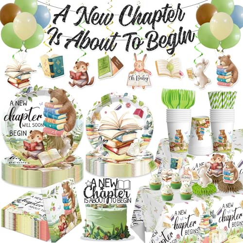 Yingoto 193pcs Storybook Baby Shower Decorations Tableware Set for 25 Guests Story Book Baby Shower Decorations for Book Themed Party includes banner plates napkins tablecloths