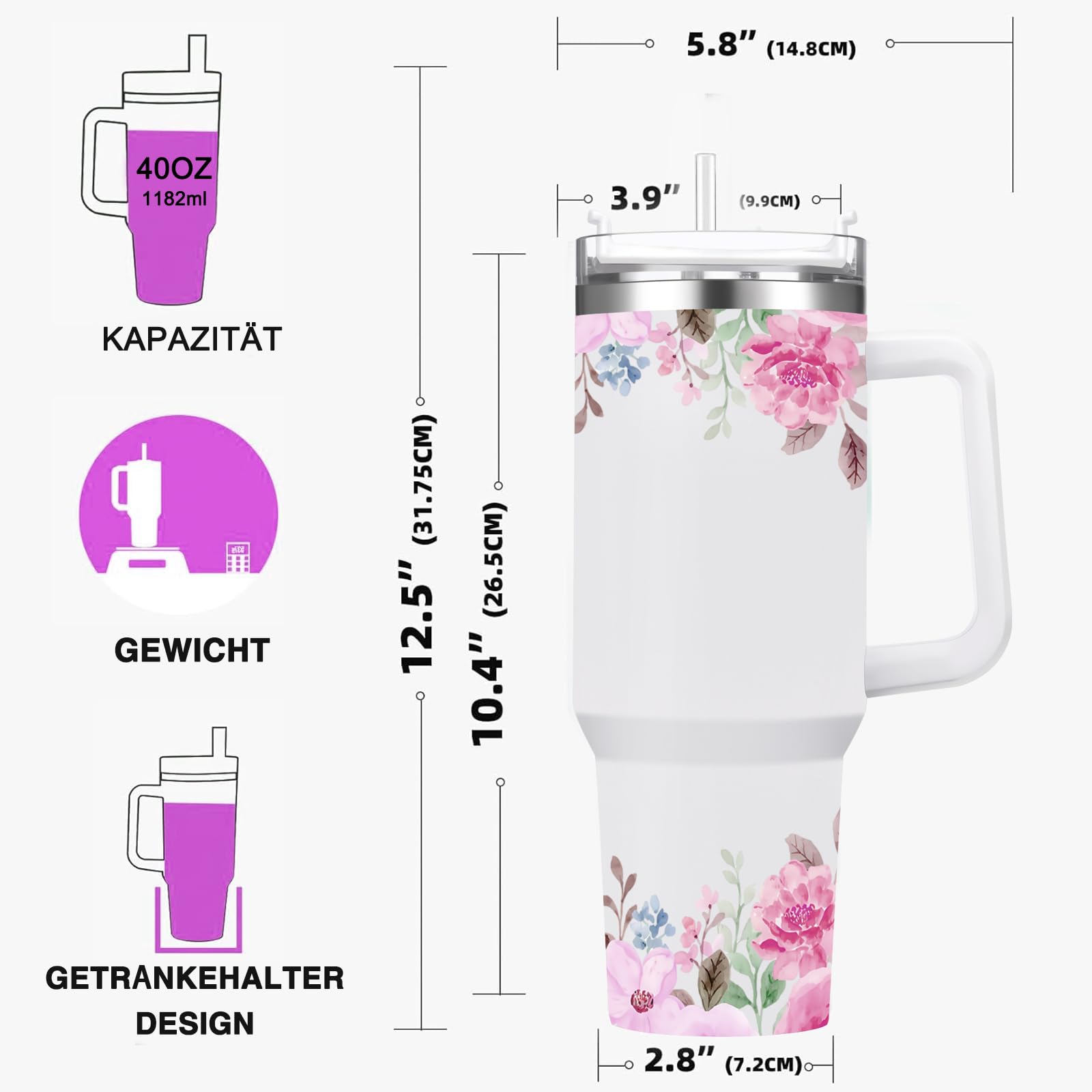 FOLAI Gobelet Isotherme Avec Paille Et Poignée, 1180 Ml