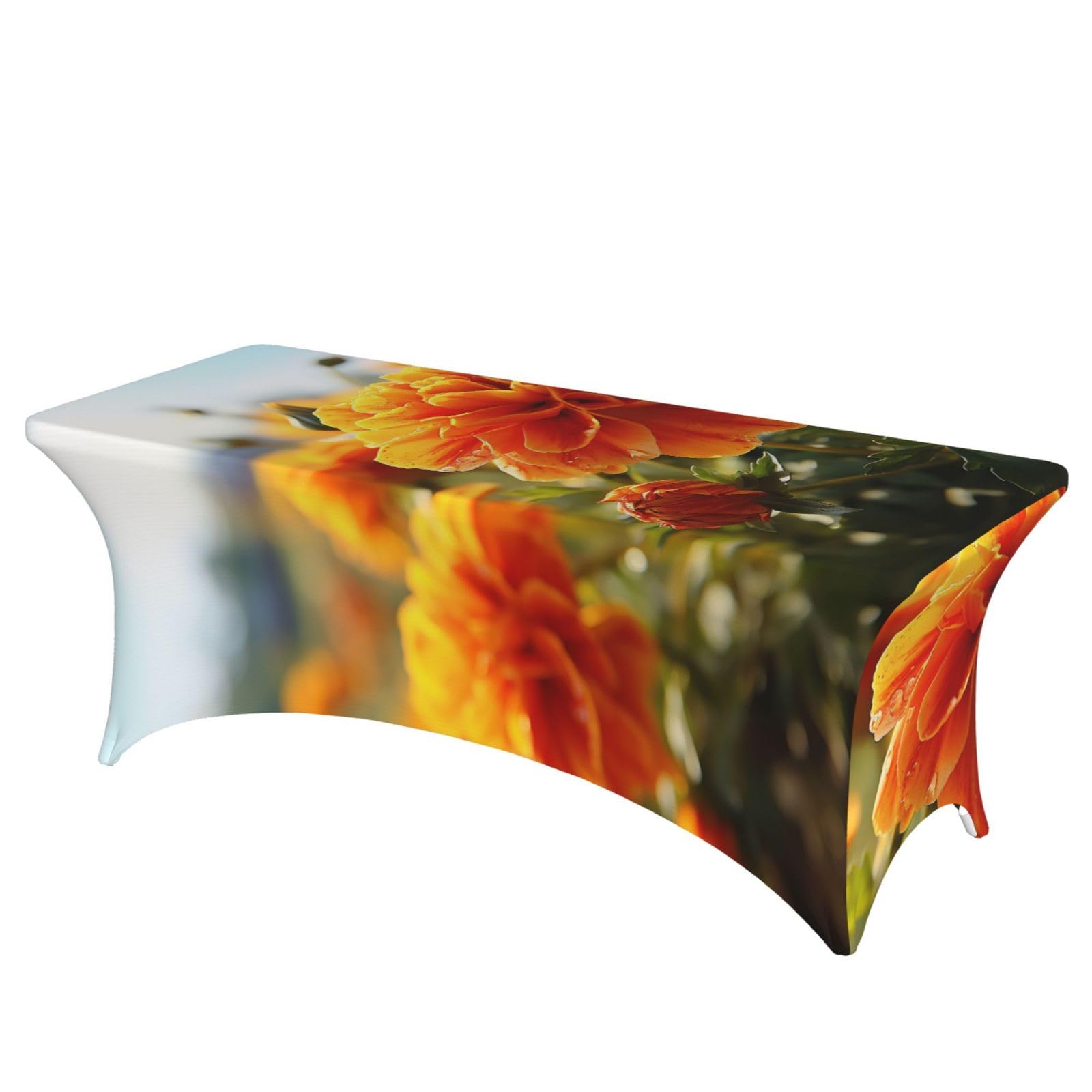 Fodpand Black 6Ft Spandex Table Cloth For Rectangle Tables - Marigold Flower Autumn Flowers Tablecloth Protector, Washable And Wrinkle Resistant Stretch Patio Table Cover For Event, Wedding, Banquet & Parties