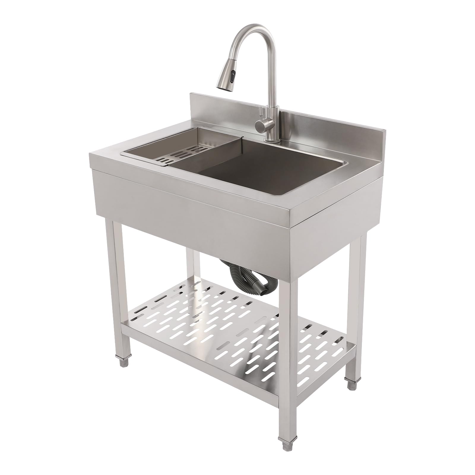 Fregadero de cocina de acero inoxidable, fregadero de cocina independiente, 70 x 50 x 90 cm, fregadero individual extragrande, fregadero comercial con grifo extraíble y escurridor para lavandería