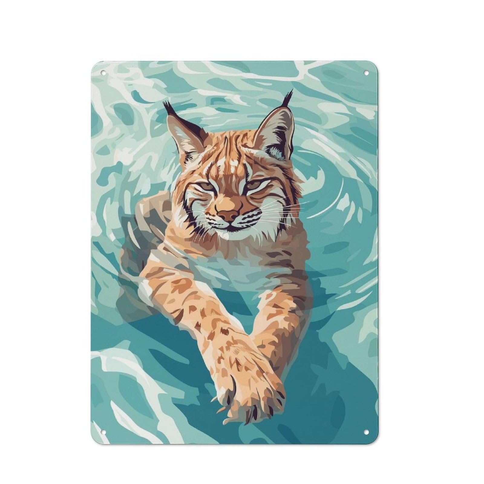 Junmoney Style-16 Lynx Swimming In Water Illustration Rustic Metal Sign 40X30cm For Pub Or Café, For Collectors Of Rustic Metal Wall Decor