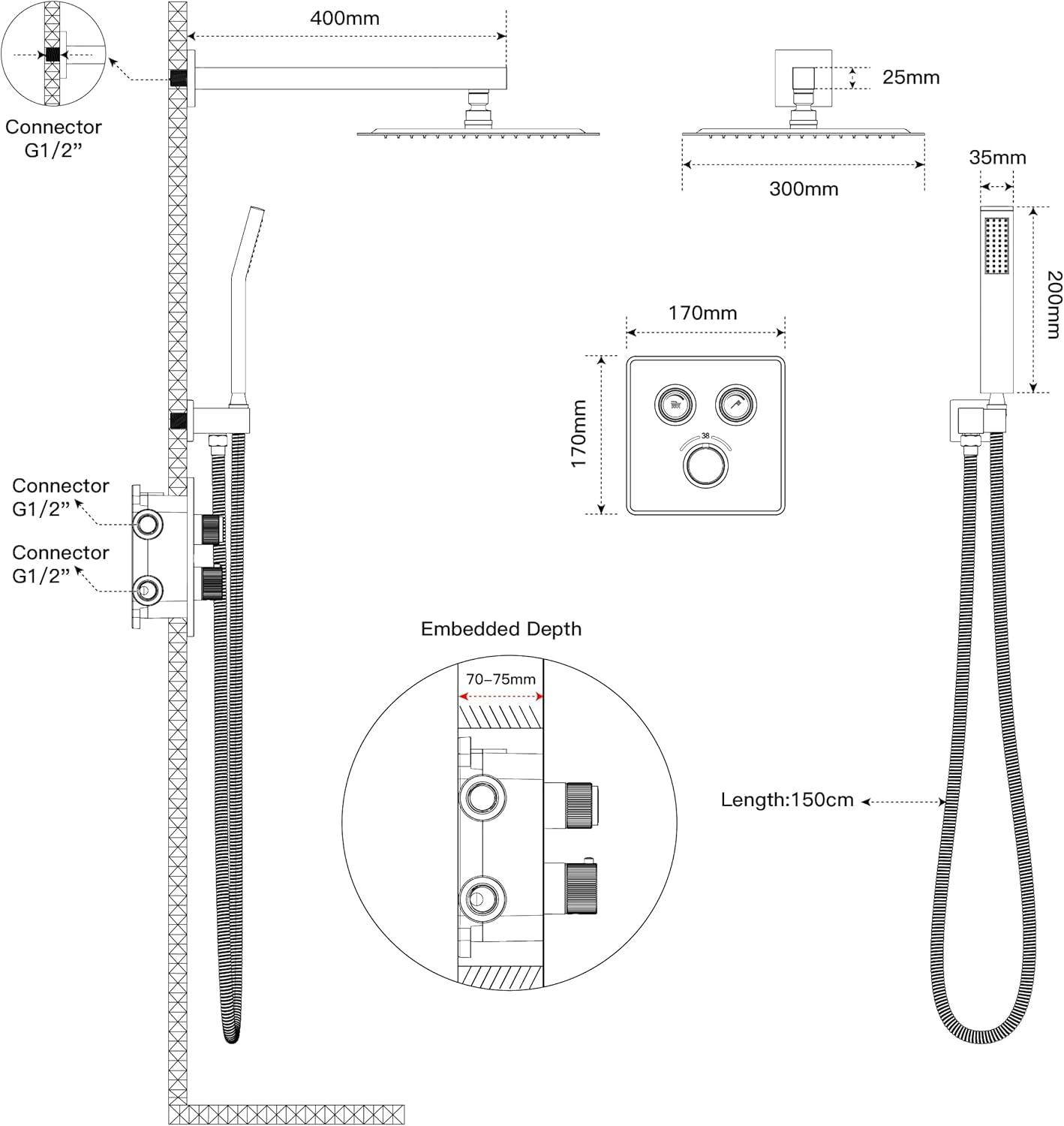 Rainsworth System prysznicowy podtynkowy z termostatem, 38℃, czarny, regulowany przepływ wody, podtynkowa armatura prysznicowa zestaw z deszczownicą 30 x 30 cm, zestaw prysznicowy ze słuchawką