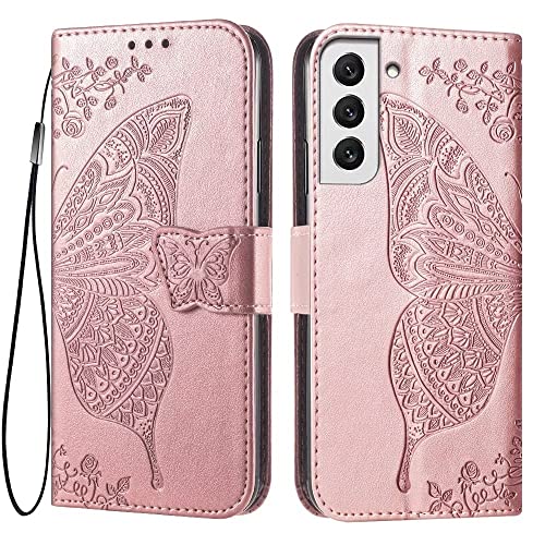 Custodia per Samsung Galaxy S22 6.1 Inches Flip Folio Cover Magnetica per Telefono con 3 Slot per Schede 1 Portafoglio Case - rosa oro pelle