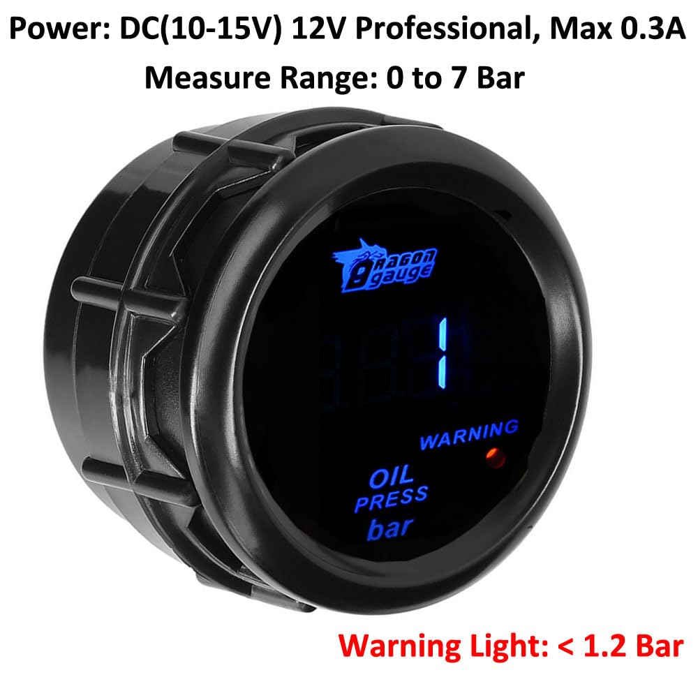 ETOPARS Universelle Auto Öldruckanzeige 2Zoll 52mm Auto Öldruckmesser Messgerät Digitales Bar Öldrucktester Anzeige Öldruck Blau Lichtanzeige Instrument Rauchtönung Len