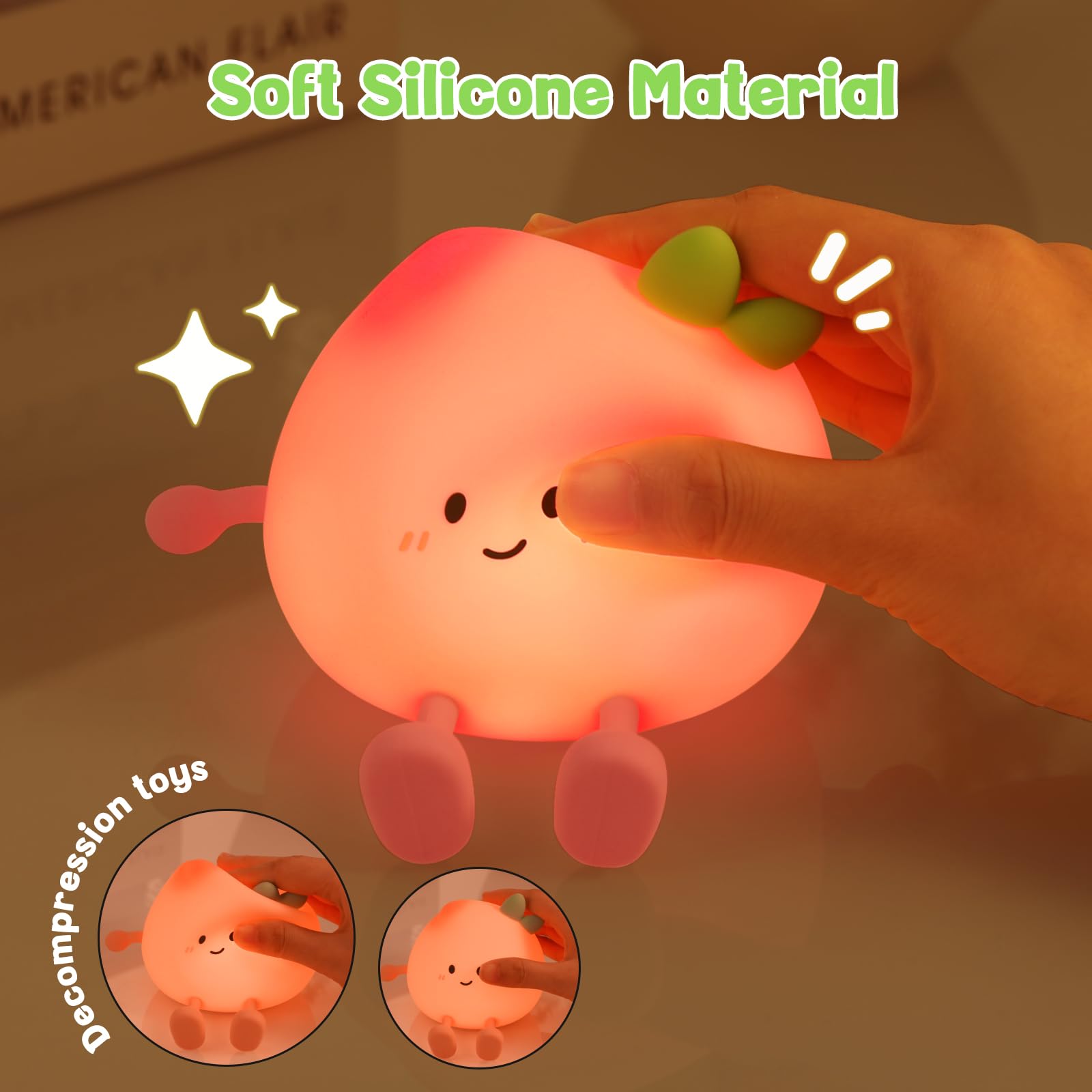 Luce Notturna Bambini, Kawaii Silicone Pesca Luce Notturna per Bambini, 3 Modalità di Luces, Ricaricabile Lampada Touch Peach con 20 Minuti Timer, Luces Notturna Neonato Cameretta Bambina (Pesca)