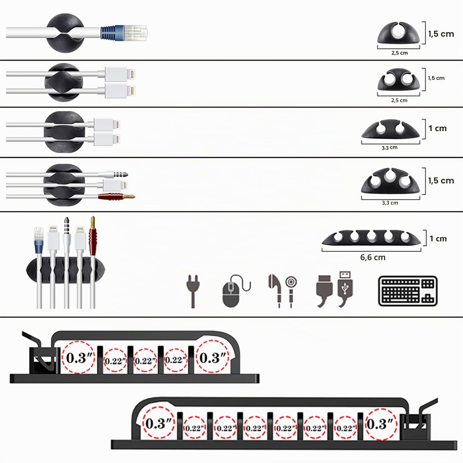 N NOROCME Kit de câbles 192 pièces – Manchon de rangement, supports, clips, sangles et attaches pour ordinateur et télévision sous le bureau – Noir