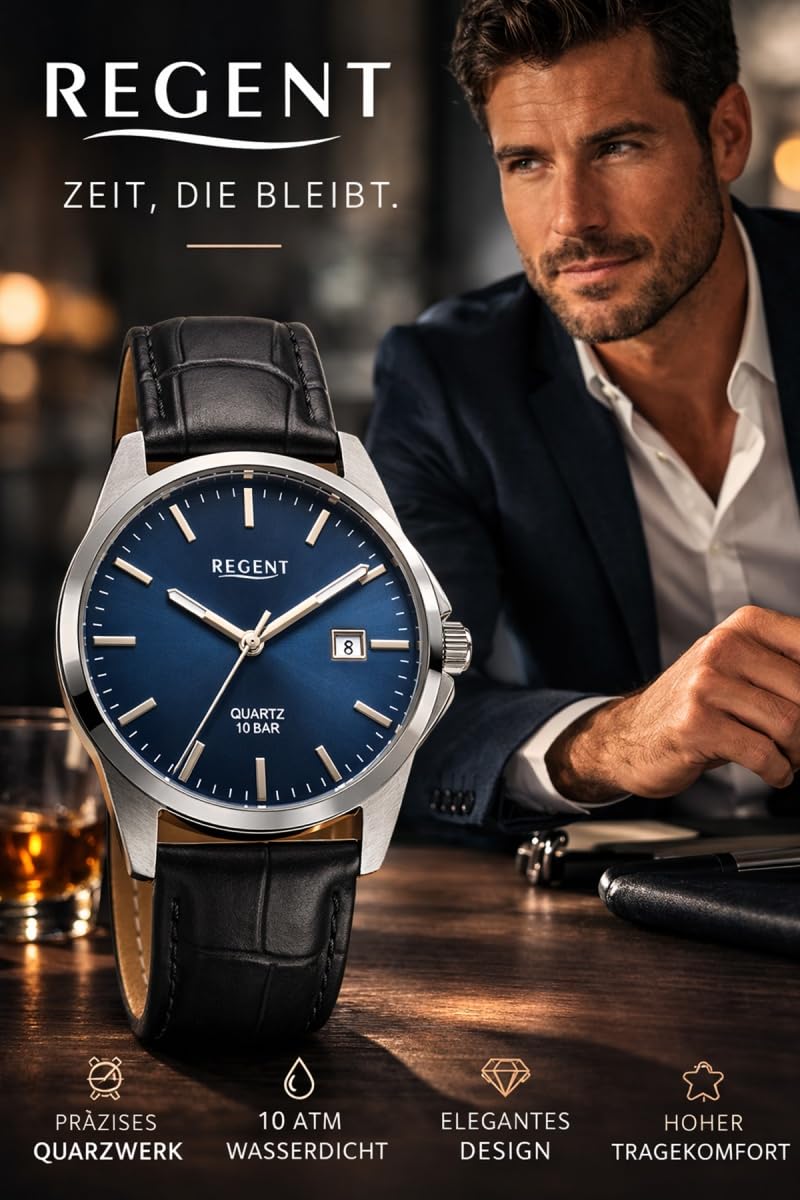 REGENT F-1679 Herrenuhr Edelstahl Silberfarben, Blaues Sunray Zifferblatt, Lederband Schwarz Kroko Look, Quarzwerk, Datum, 39 mm, 10 ATM