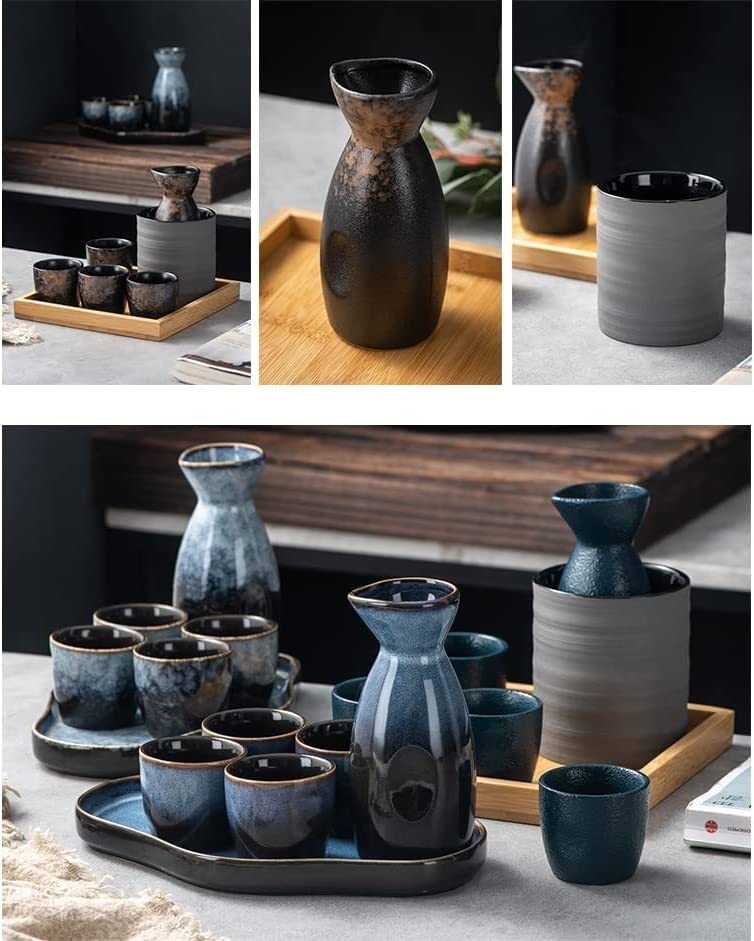 Ensemble de saké traditionnel, ensemble de saké en céramique, boisson chaude de saki de poterie japonaise traditionnelle en porcelaine, 6 pièces comprenant 1 bouteille de saké 1 plateau 4 tasses, for