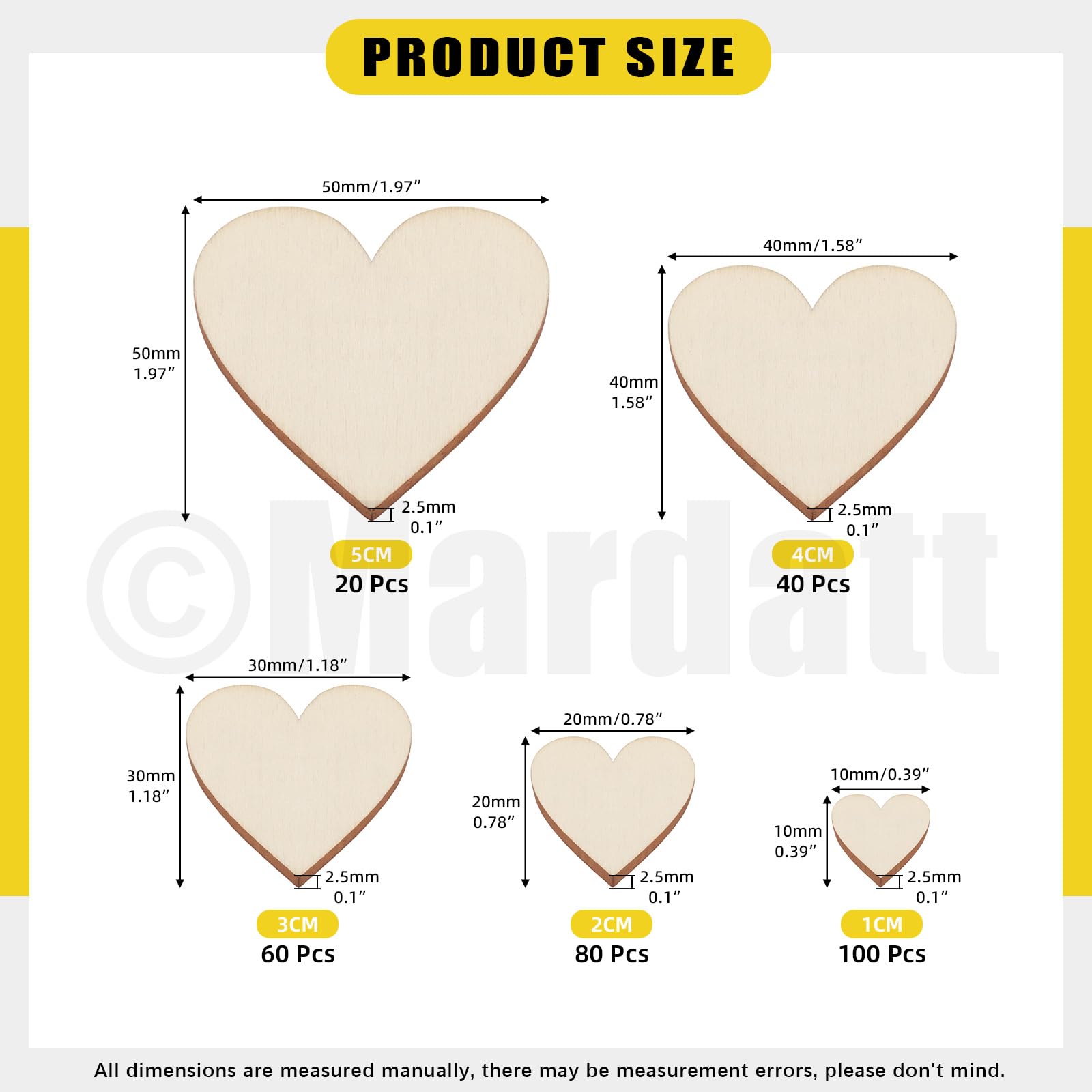 Mardatt 300Pcs 5 Sizes Unfinished Wooden Hearts for Crafts Wood Heart Cutouts Wood Heart Slices - Image 2