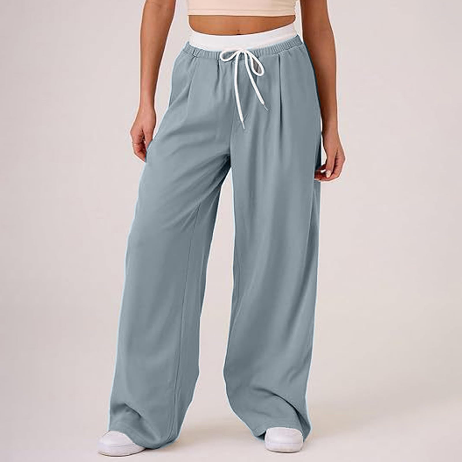 Pantalon Femme Large Décontracté Taille Haute Fluide Coupe Droite avec Cordon Contrasté Et Poches Style Casual Confortable pour Été Voyage
