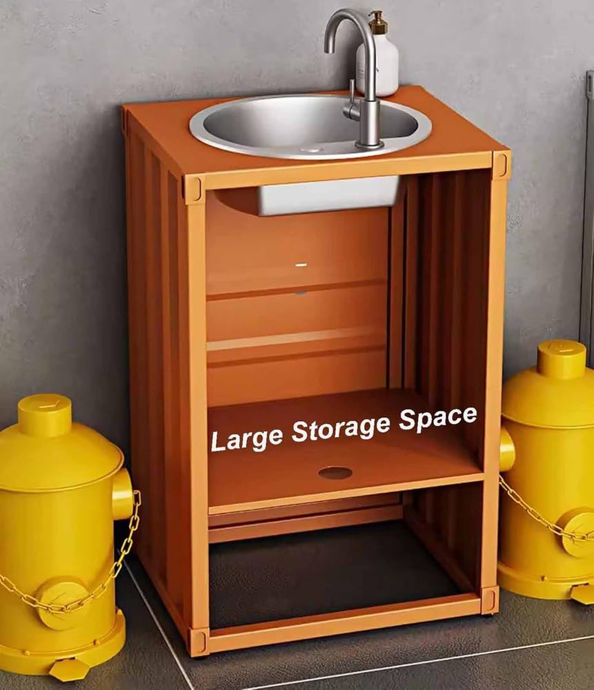 ZTGL Lavandino A Colonna Retro in Ferro Battuto, Lavabo da Appoggio con Lavabo in Acciaio Inox, Integrato Lavello Bagno Combinazione con Rubinetto E Tubo di Scarico,Nero,Without Mirror