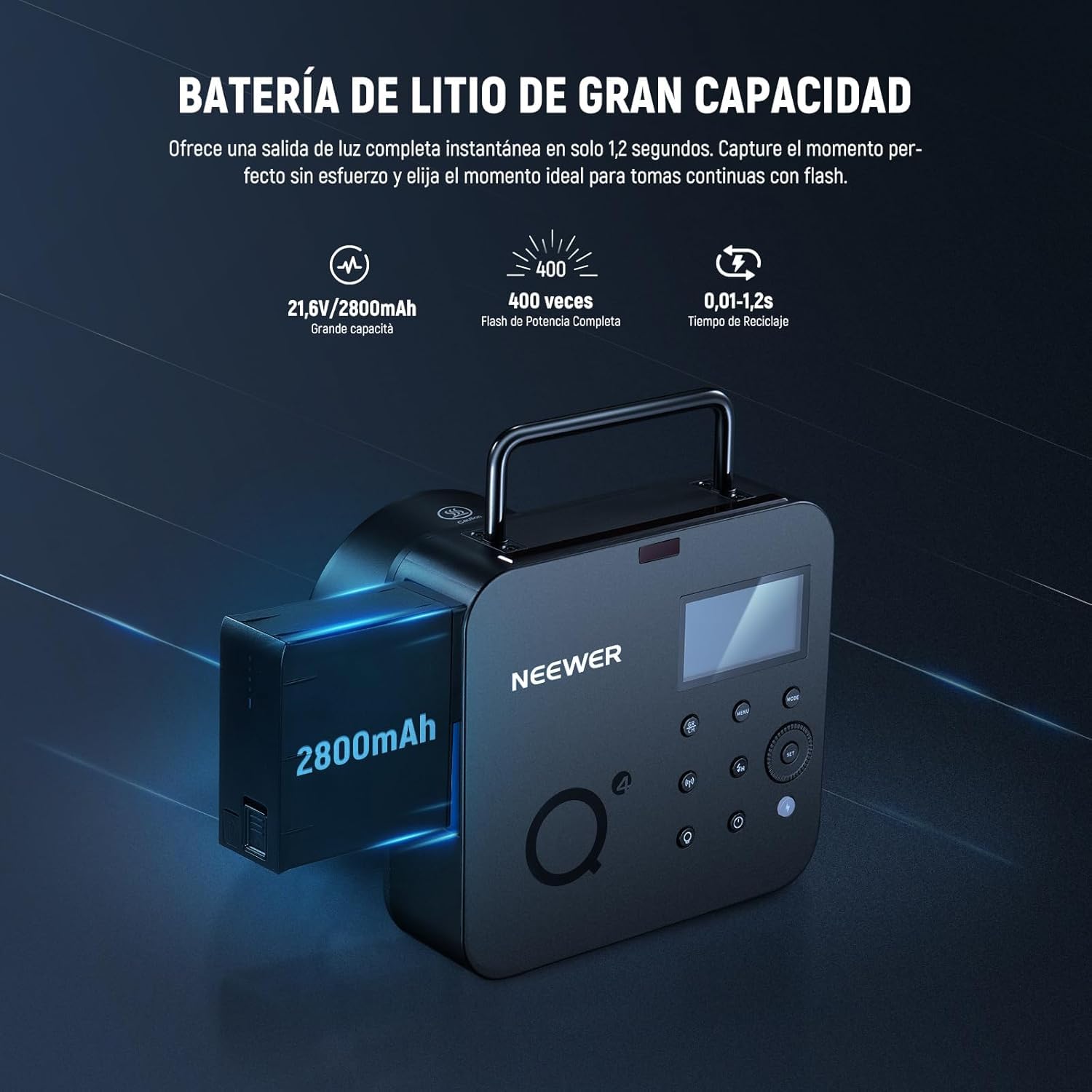 NEEWER Q4 400Ws 2.4G TTL Exterior Estudio Flash Strobe(Nuevo Diseño), Compatible con Godox, 1/8000 HSS 2800mAh Monolight Fotográfic Lámpara Modelado 30W/400 Destellos/Reciclaje 0.01-1.2s/Bowens Mount