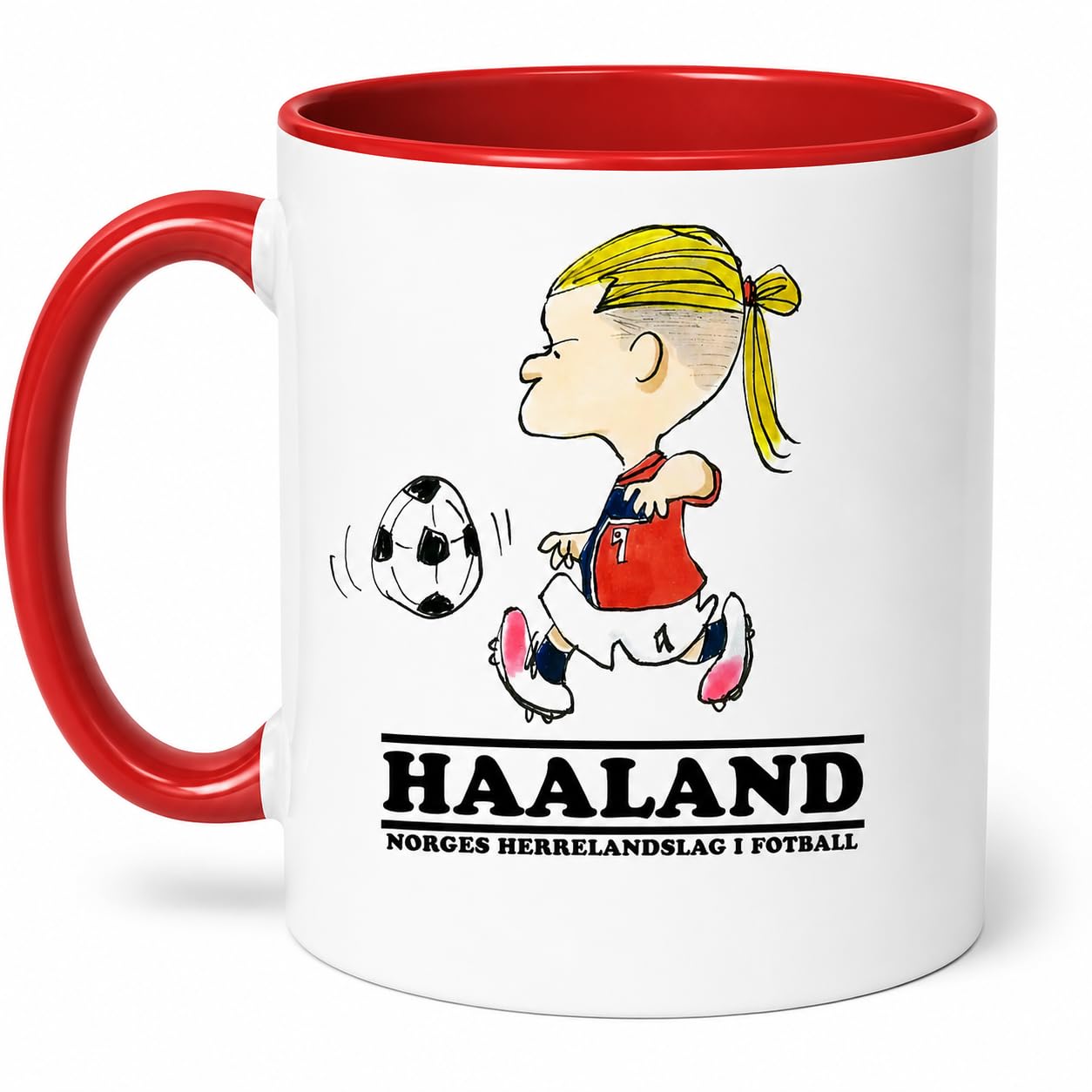 CRAFT MANIACS Erling Haaland Football Red Rim Cartoon Coffee Mug | Two-Tone Design, Football Fan, Norway Jersey Print, Ceramic Mug, Novelty Drinkware-image-3