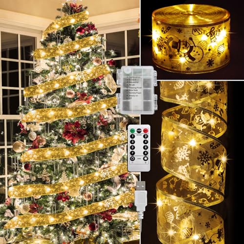 Vloso Christmas Tree Ribbon Lights for Christmas Tree Decorations-2.5Inch 66 Ft 200 Led Lighted Ribbon for Christmas Tree with Remote&Timer 8 Modes,Battery & USB Powered String Lights