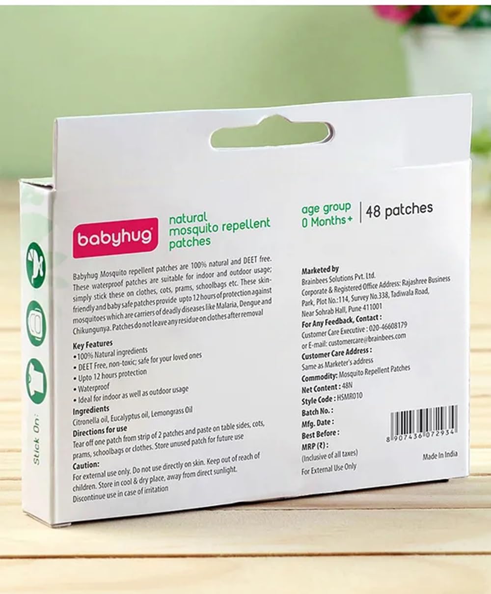 Babyhug Natural Mosquito Repellent Patches, 48 Pieces, 0 Months+, Waterproof, with Citronella, Lemongrass & Eucalyptus Oil | Idoor and Outdoor Both | Simply Stick these on Clothes, Cots, School bags etc | Resealable Zip Lock Pouch 3