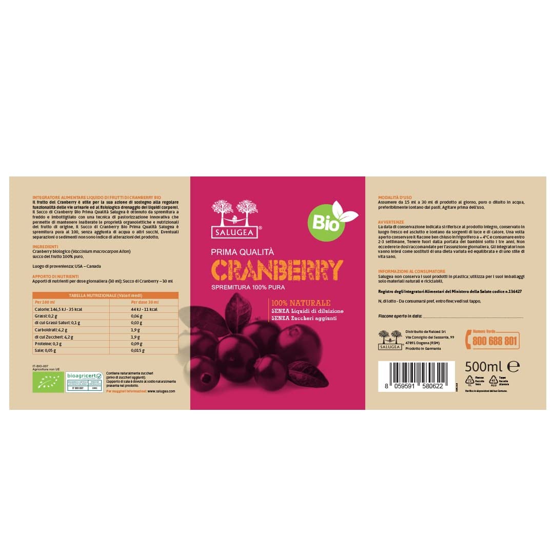 SUCCO DI CRANBERRY BIO Salugea - Mirtillo Rosso Americano - 100% Puro E Biologico - Integratore per le Vie Urinarie e Sistema Immunitario - Flacone in Vetro Scuro Farmaceutico - 500 ml