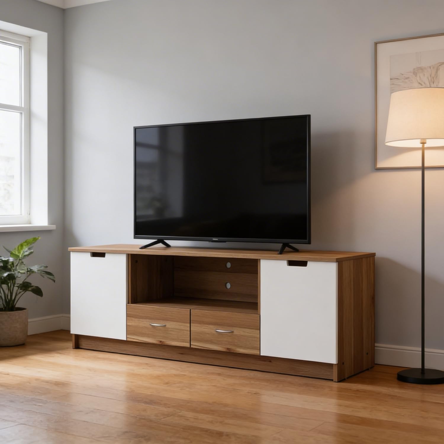 TRISULM TV Unit | Stella Multipurpose TV Unit fits Upto 43 inch with Storage Engineered Wood TV Entertainment Unit | Finish Color - Lyon Teak | White | Knock Down-image-29