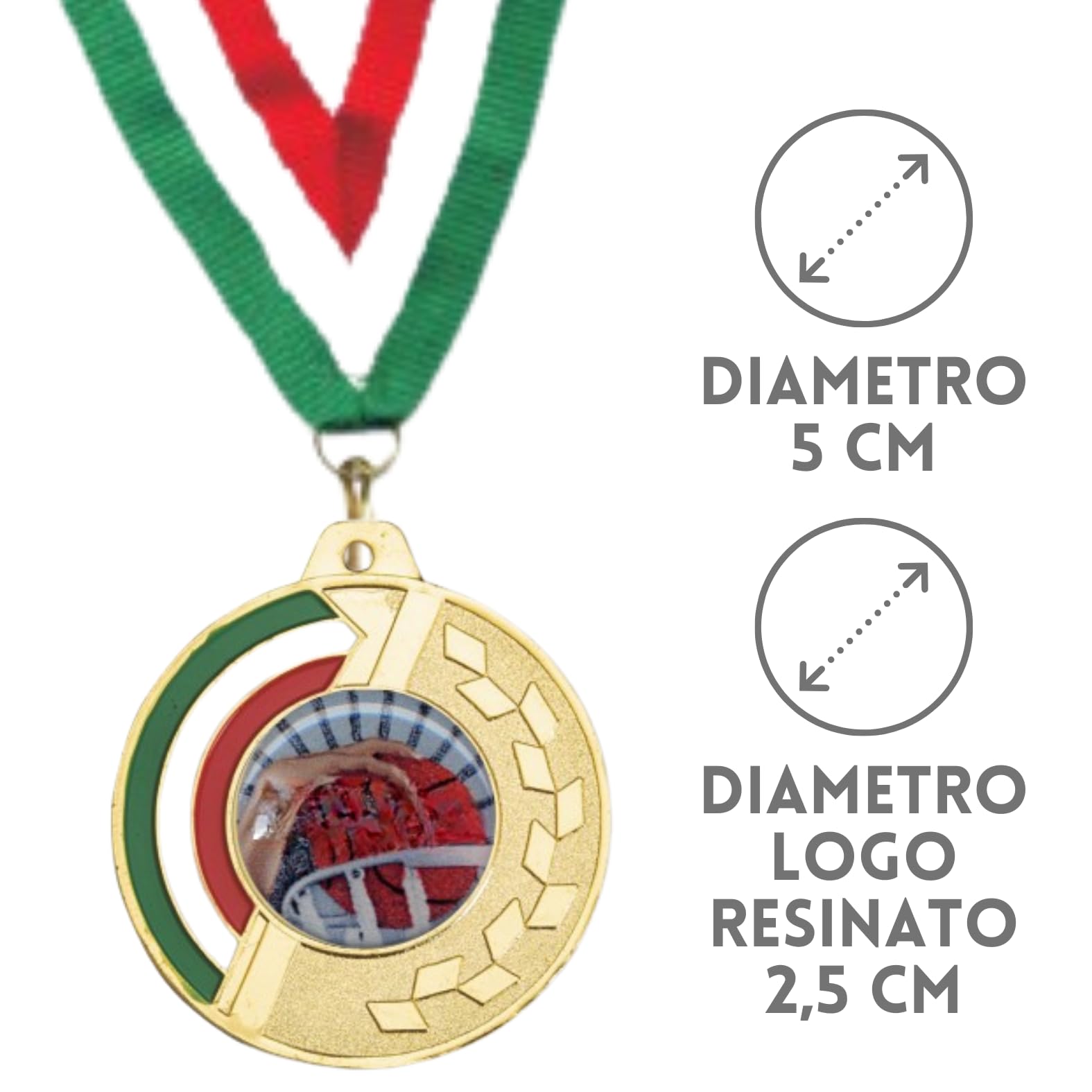 Stock Medaglie Premiazioni Personalizzate con Logo Resinato da 5 cm con Laccetto Medaglia Personalizzabili in Metallo con Stampa Personalizzata, Gare, Sport | 22.305.62G