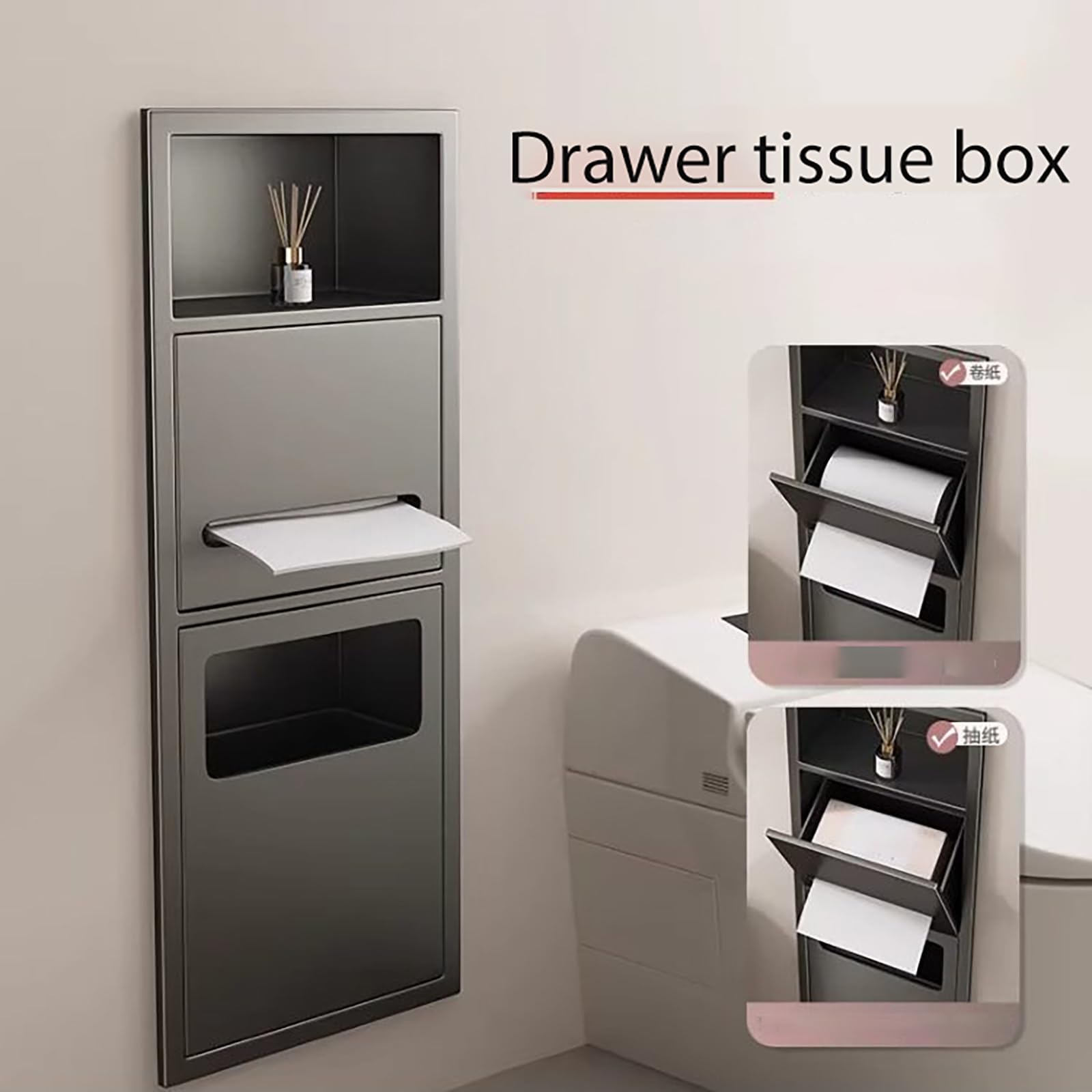 Portarotolo Carta Igienica da Incasso in Acciaio Inox 304, Nicchia Bagno Parete con Pattumiera Integrata, Porta Scopino e Dispenser Carta, Salvaspazio per Hotel e Casa(Black,670x400x140mm)