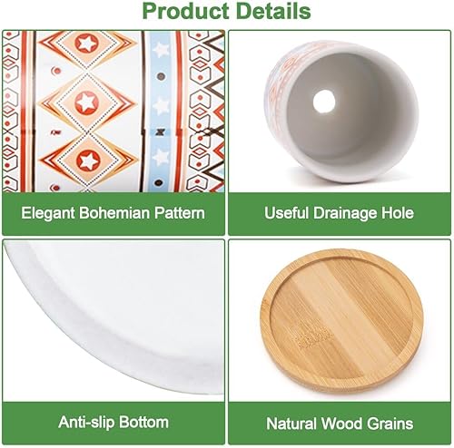 Miniatura 4 de Homaisson 4 macetas para suculentas con platillos, maceta de cerámica bohemia para suculentas, maceta pequeña con orificio de drenaje, macetas de