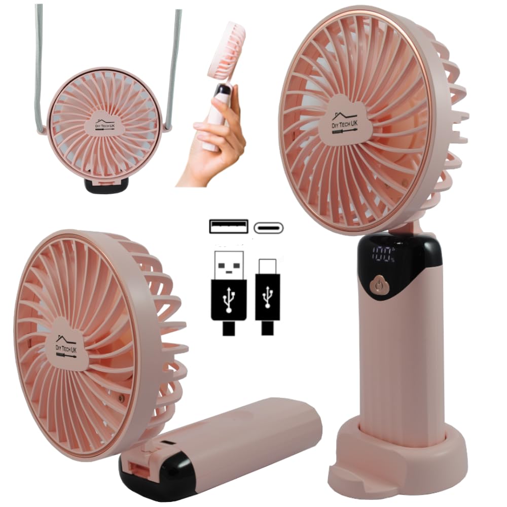 DIY TECH UK - CoolBlast Max - 4 in 1 Handheld Rechargeable Fan - 5 Speed with LED Display - Hand Held Folding Portable Fan - USB Battery Powered Mini Foldable Desk For Home Office Bedroom - Rose Pink