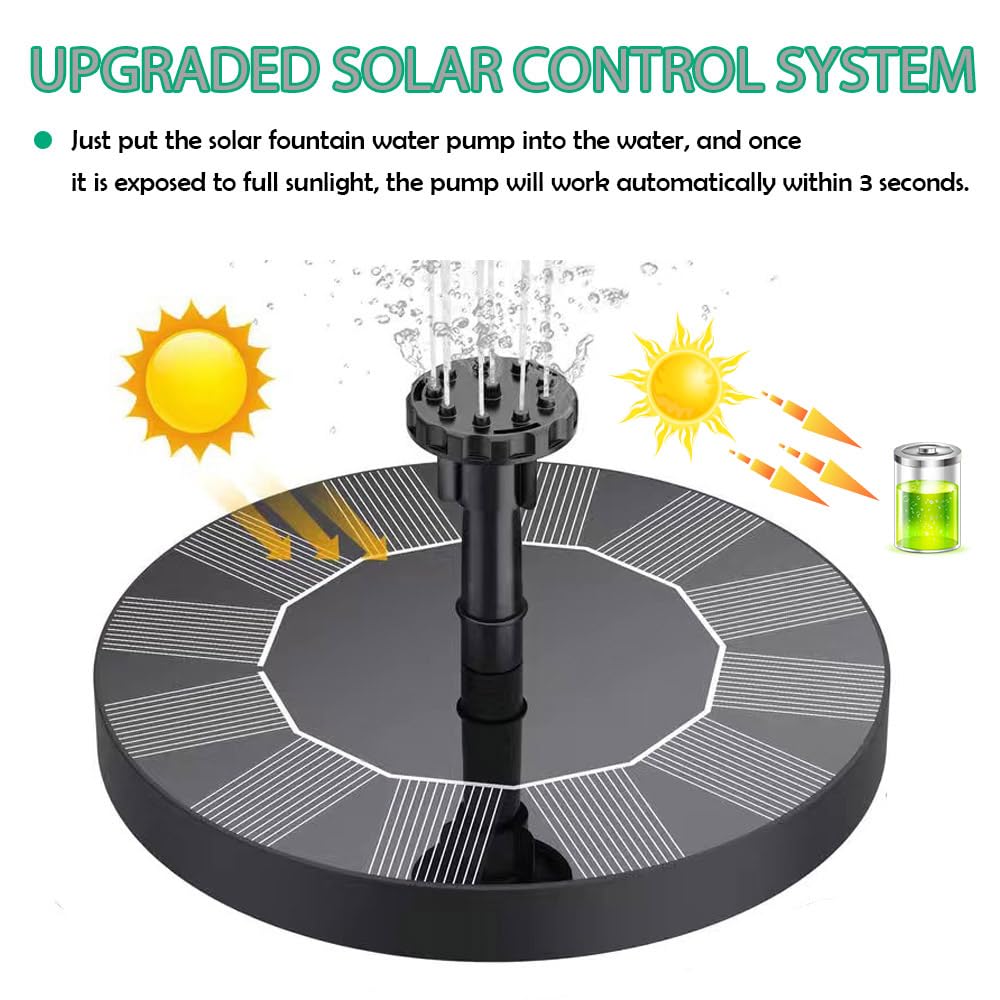 Solarna fontanna o mocy 3,5 W, akumulator 1200 mAh, ulepszona pompa do stawu, pompa wodna – praca w pochmurne dni, solarna pompa pływająca z 6 dyszami, do ogrodu, łaźni dla ptaków, ryb (18 cm)