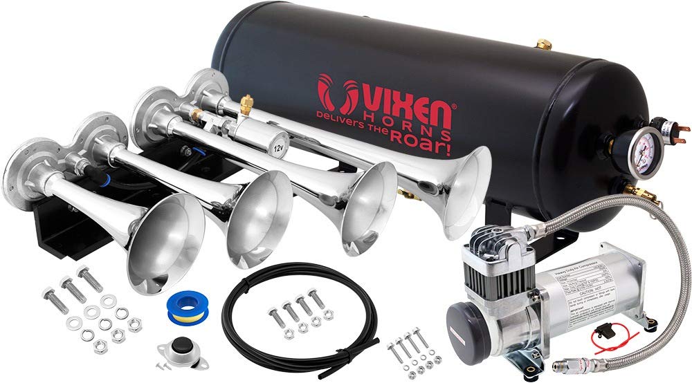 Vixen Horns Train Horn Kit for Trucks/Car/Semi. Complete Onboard System- 200psi Air Compressor, 2.5 Gallon Tank, 4 Trumpets. Super Loud dB. Fits Vehicles like Pickup/Jeep/RV/SUV 12v VXO8325/4124C