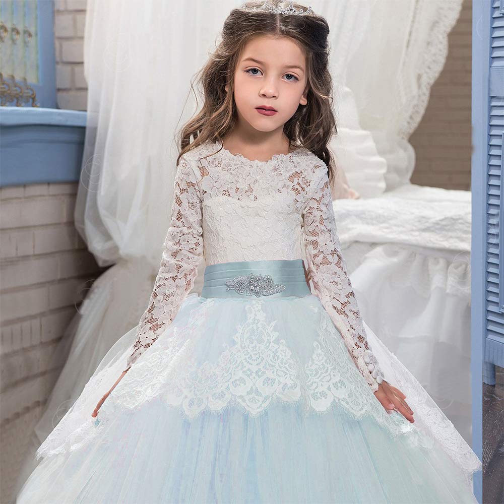 PLWEDDING Spitze Lange Ärmel Blumenmädchen Kleid Prinzessin Tüll Kleid für Kinder Erstkommunion Kleider
