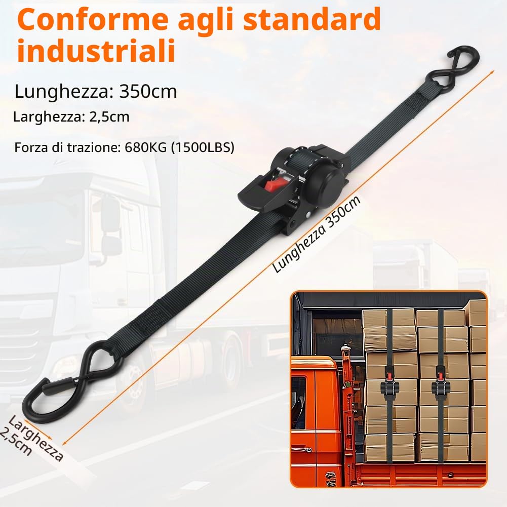 Cinghie di ancoraggio a cricchetto retrattili, 2 Pcs Cinghie di Tensione, Cinghia di tensionamento automatica 3.5m x 2.5cm, resistenza alla rottura massima di 680 kg,con gancio S, per Moto,Auto