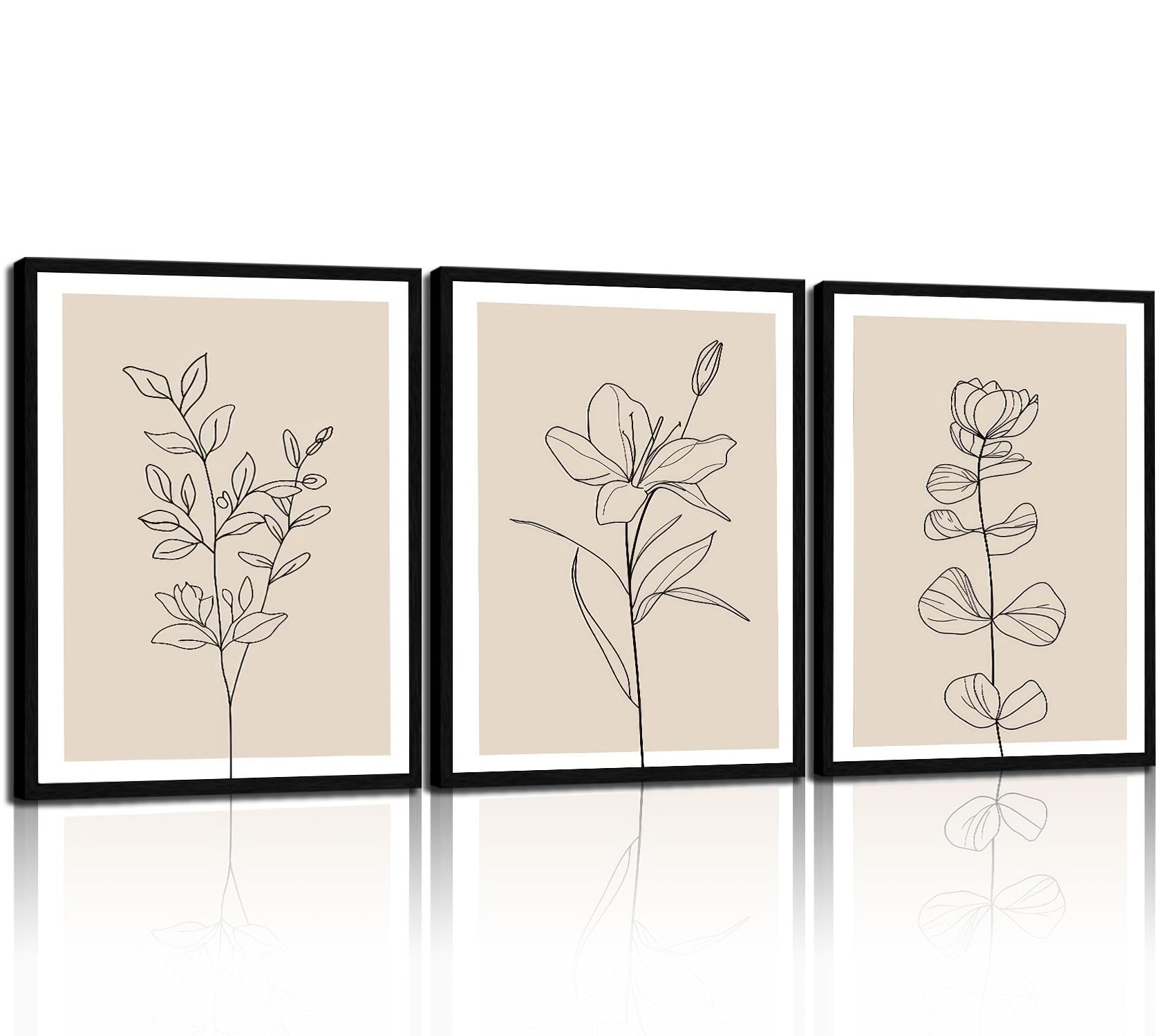 3Pcs Framed Simple Botanical Lines Wall Art Set Modern Floral Poster Print Gallery Style Picture for Living Room Bedroom Bathroom Office Home Decor 16x24 Inch Ready to Hang