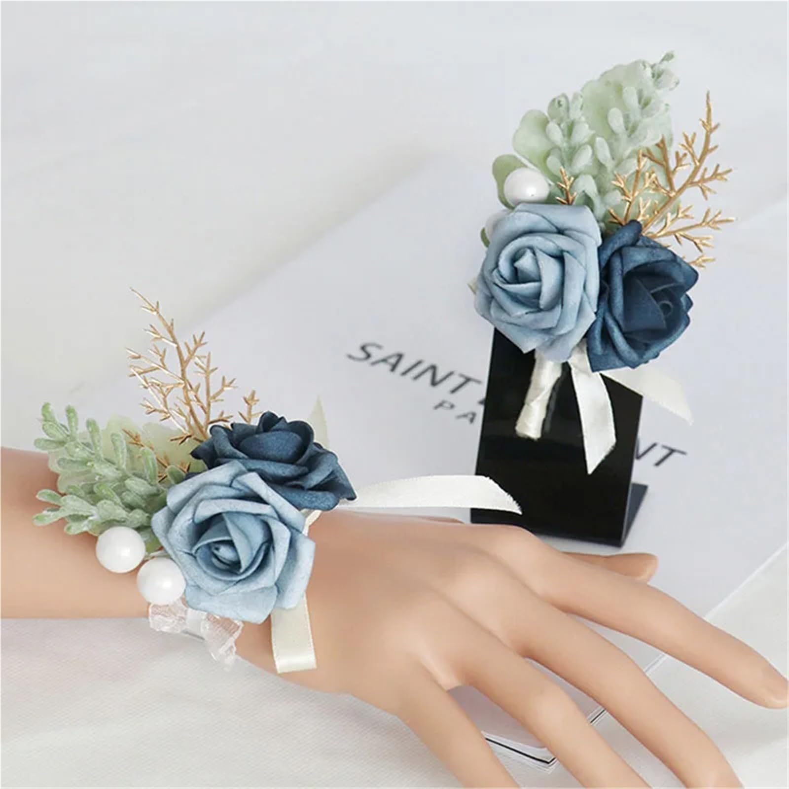 Ansteckblume Luxuriöse blaue Rose Hochzeit Handgelenk Corsage Boutonniere Set schickes Accessoire for die Braut-Bräutigam-Party(6PCS Boutonniere)