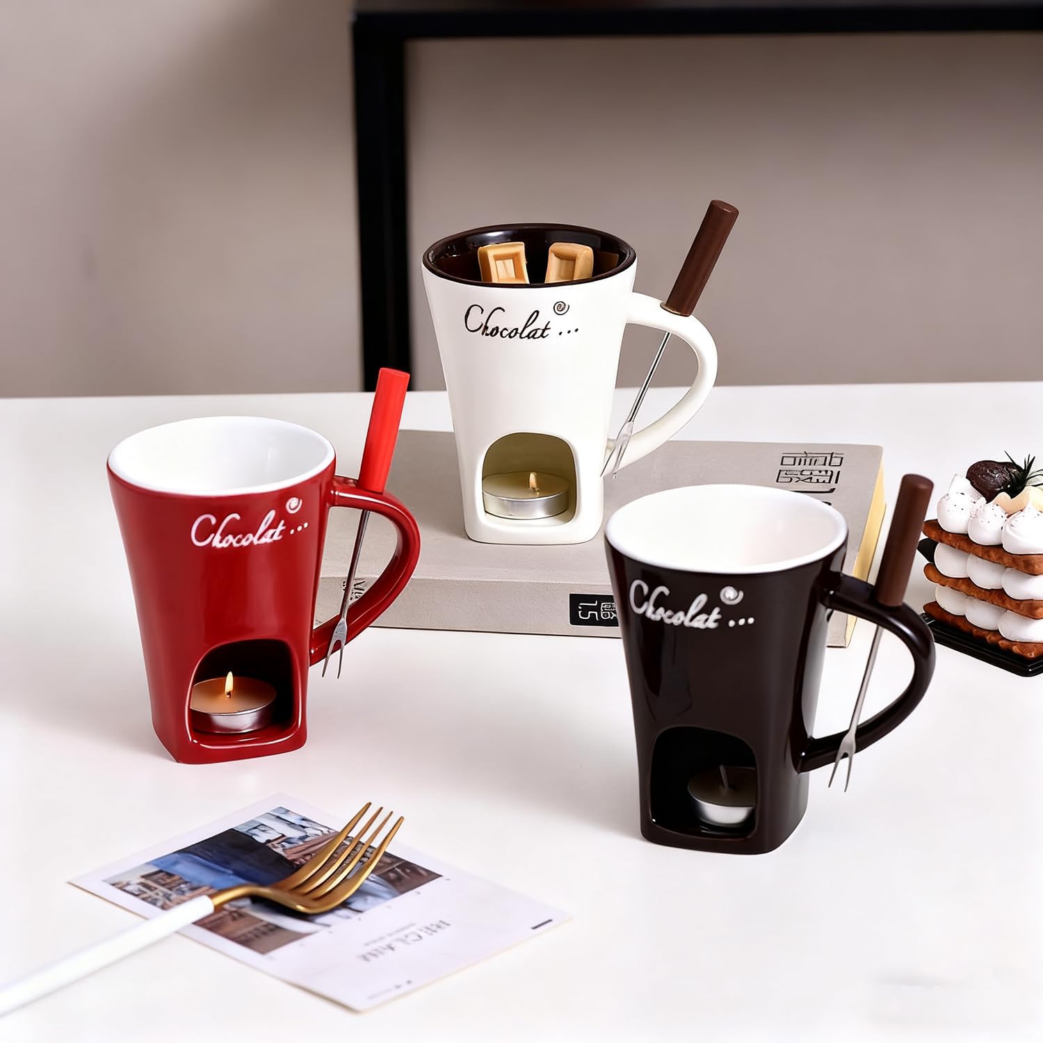 2026 New Chocolate Melting Cup, Ceramic Fondue Mug Set, Meltie Cup Handcrafted Fondue Cups, Chocolate Melting Cups Set With Forks - Ideal Gifts For Birthday, Wedding, Mini Simmer Mug (2PC-E)