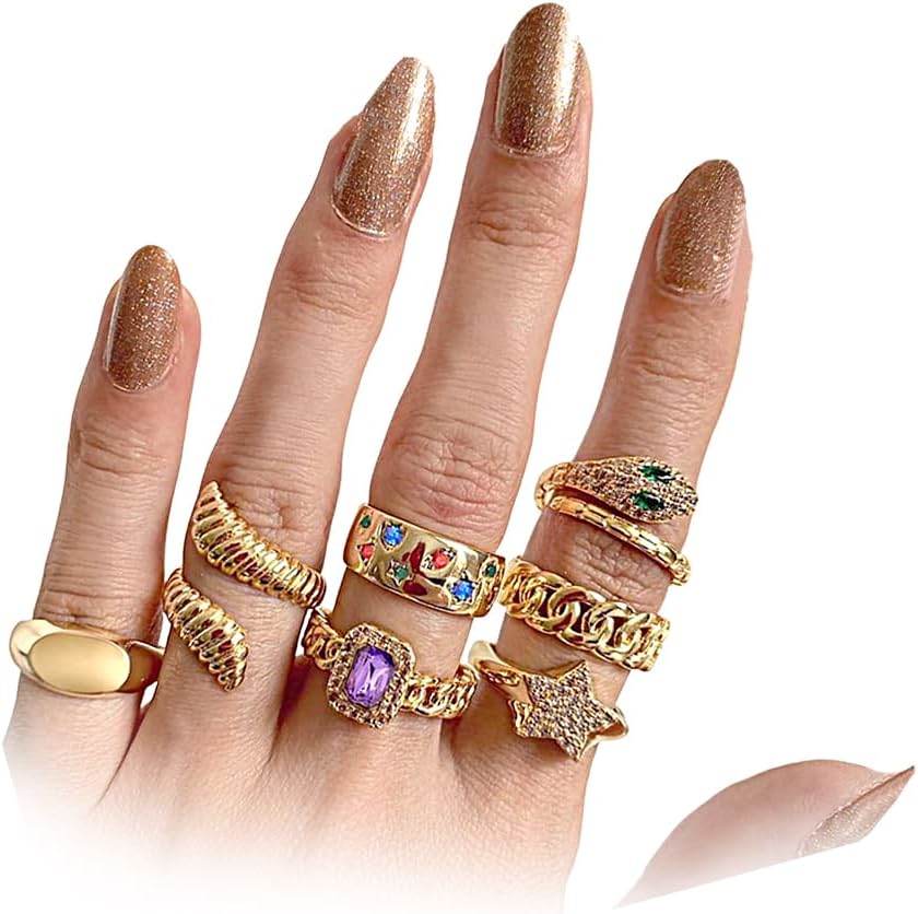 GIGB PBDK Chunky Gold Boho Ring Set for Women Fashion Adjustable Rhinestone Snake Knuckle Statement Ring Exaggerated Stackable Star Finger Ring Wedding Jewelry
