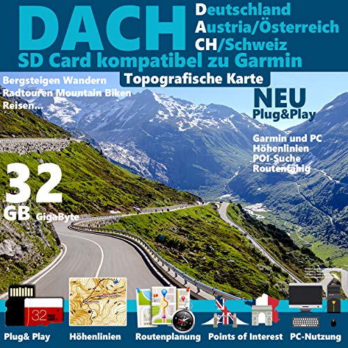 DACH Deutschland Österreich Schweiz Topo Karte für Garmin Garmin eTrex 10 20 25 30 35 GPS 60, GPSMap 60Cx, GPSMap 60CSx, GPSMap 62s, GPSMap 62sc,
