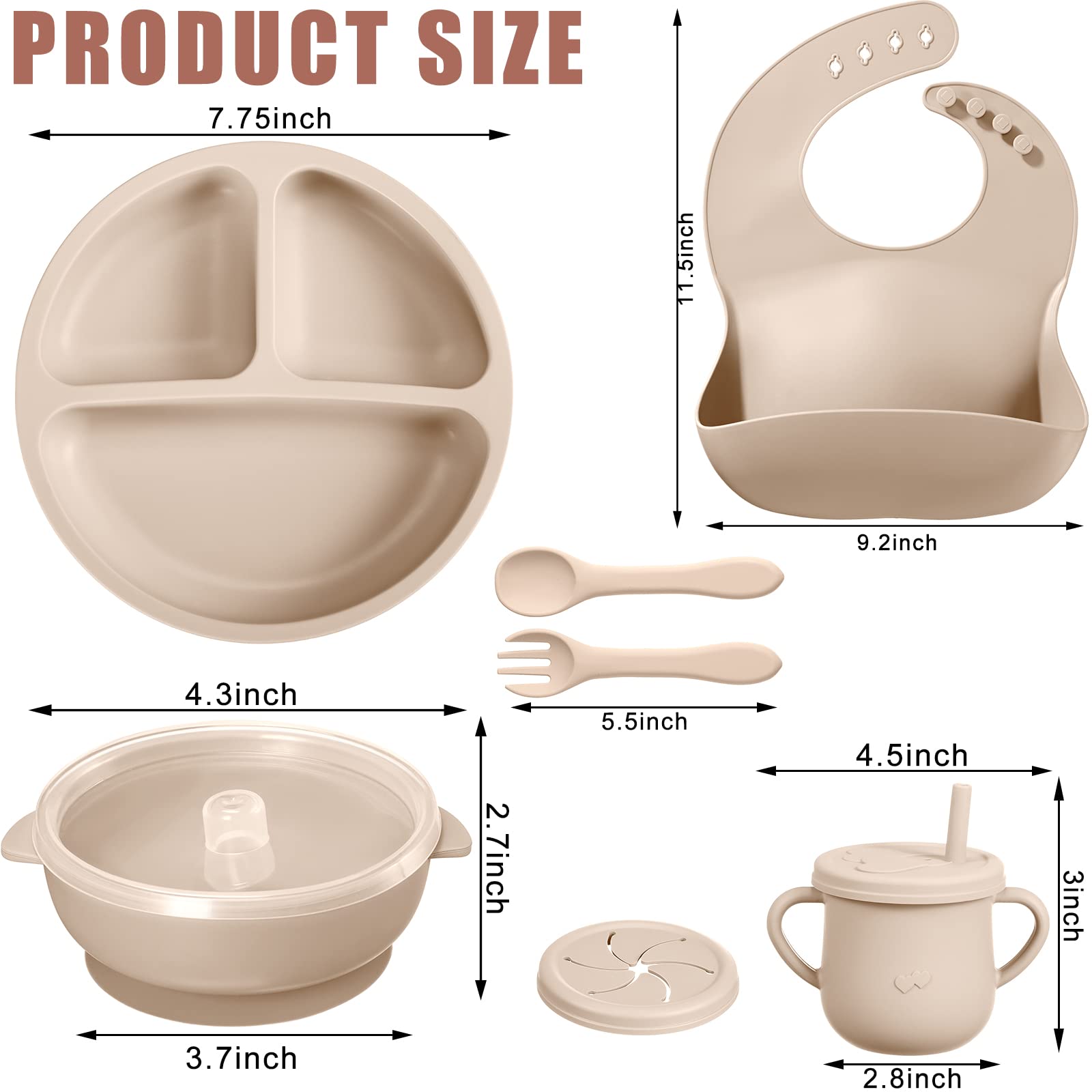 3 Sets Baby Led Weaning Supplies, Silicone Baby Feeding Set with Divided Plate Adjustable Bib Suction Bowl with Lid Snack Cup Soft Spoon Fork, Toddler Self Eating Utensil (Beige, Orange, Mint)