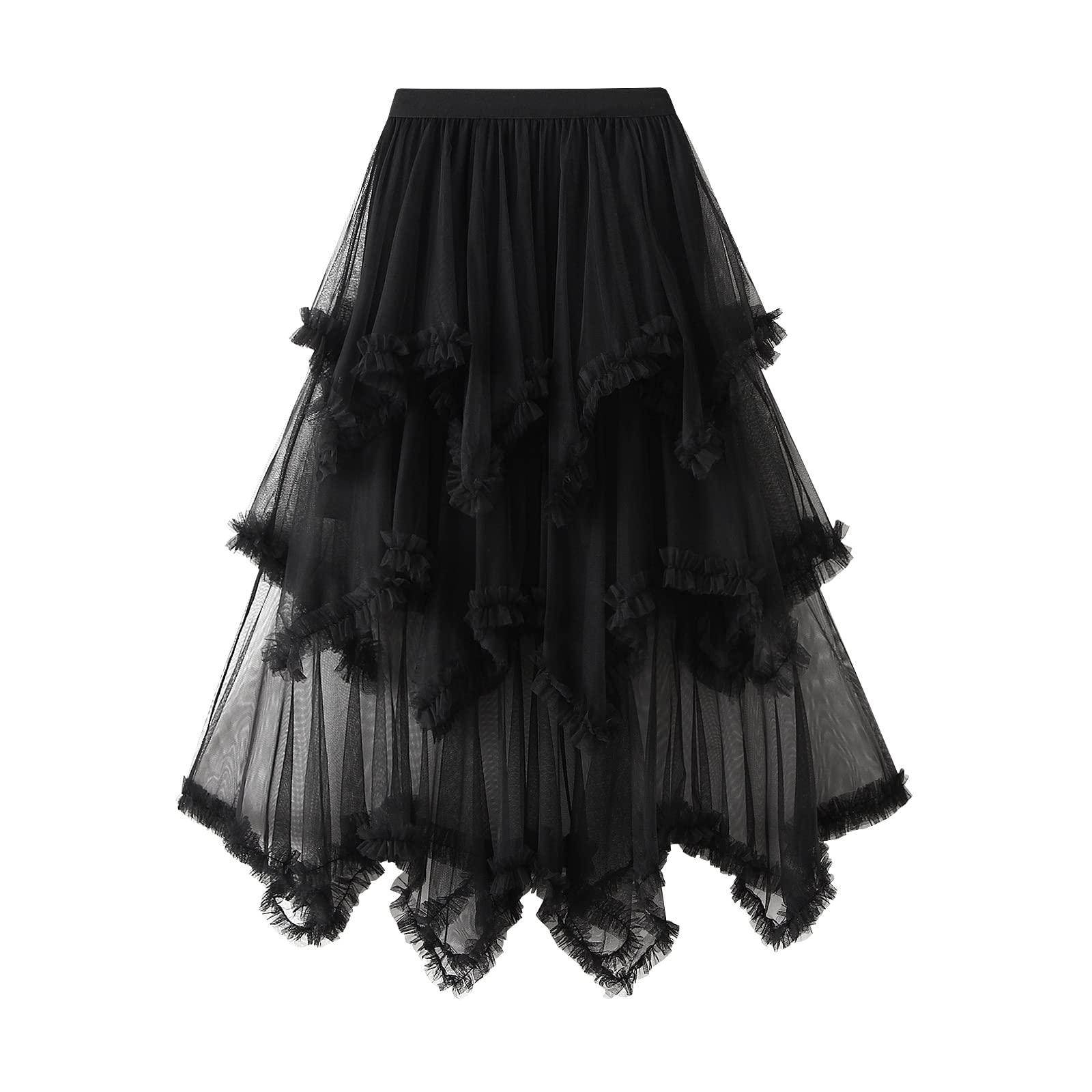 LoalirandoWomen Layered Tulle Long Skirt UK Ladies Fashion High Waist Solid Color Frill Trim Ruffle Midi Skirt