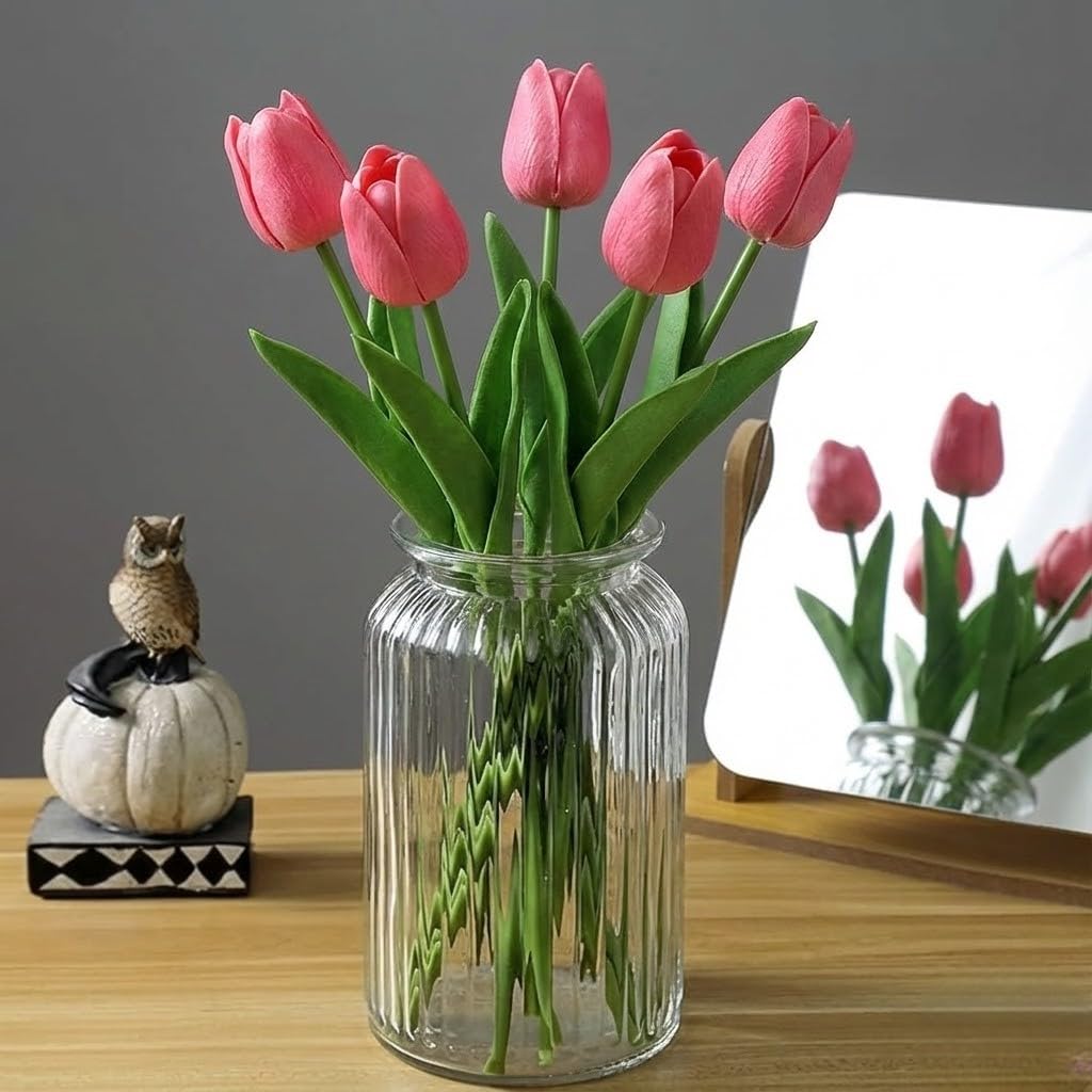 VENSA KINS Artificial Tulip Flower Sticks for Home Decoration Elegant Faux Flowers for Vases Ideal for Living Room Bedroom Office and Event Decor Long Lasting Washable Realistic Design (5, Dark Pink)
