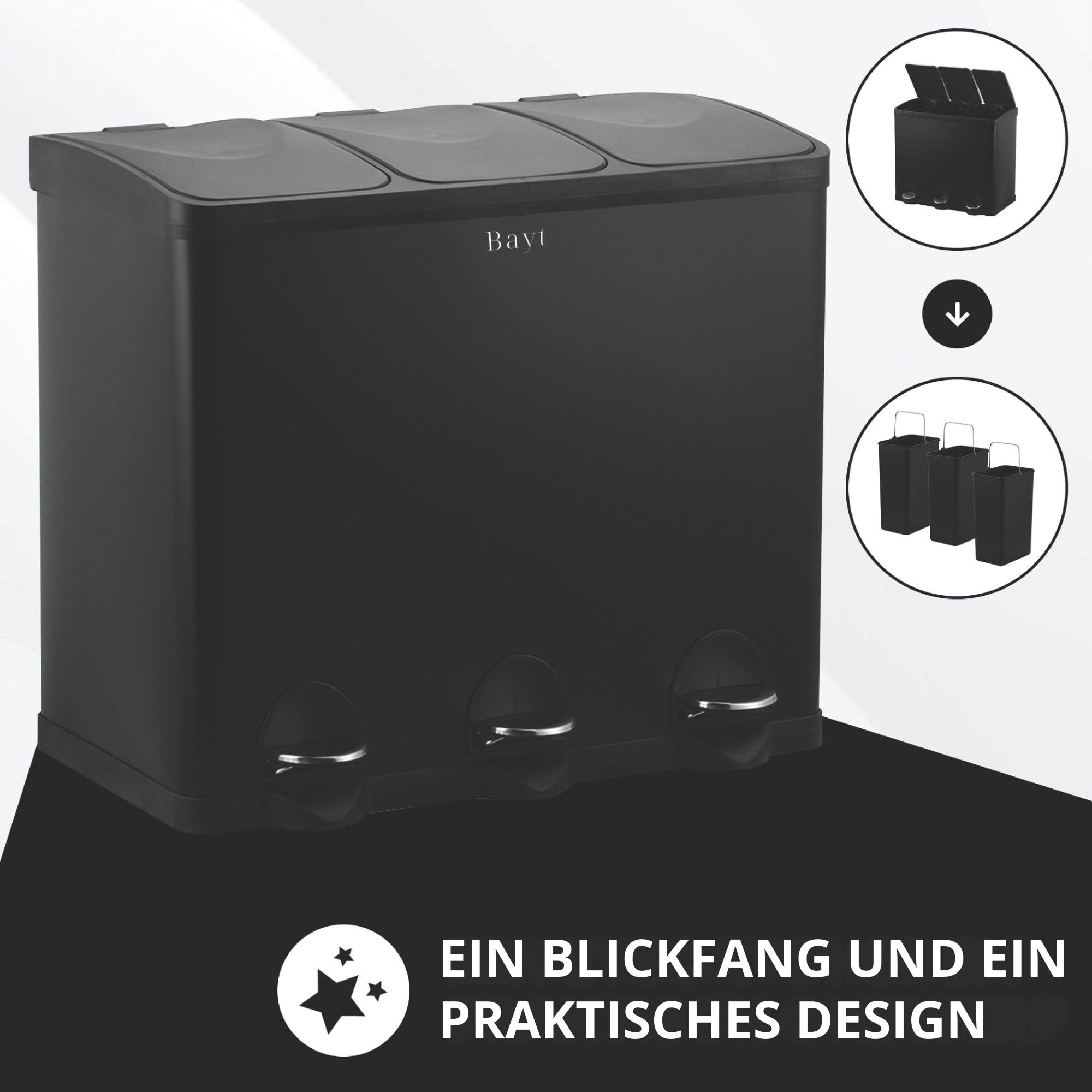 Bayt Mülleimer 60L (3x20L) – Mülltrennsystem 3 Fächer für die Küche – XXL Treteimer aus Edelstahl (Rostfrei) – Geruchsdicht & Fingerabdruckfrei – Inkl. Inneneimer, Schwarz