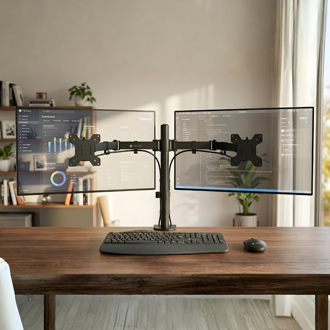 Techly 624421 Supporto da Scrivania per 2 Monitor 13-27" a Morsetto o Vite Passante Nero