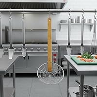 Vista 3 de Espumador de malla gruesa de 14 pulgadas de acero galvanizado con mango de bambú natural- Cucharón de araña para freír alimentos pasta espaguetis