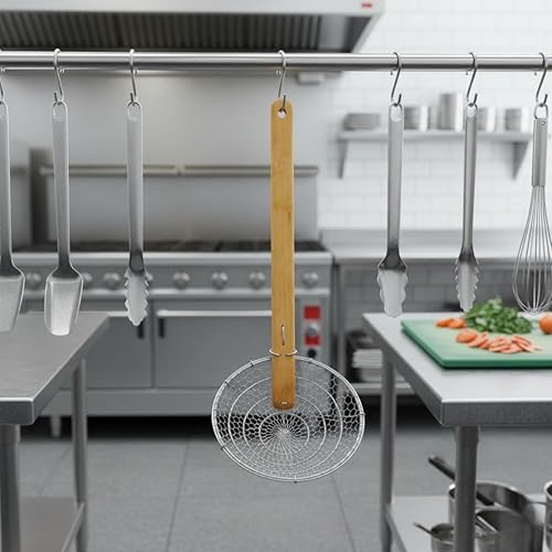 Miniatura 3 de Espumador de malla gruesa de 14 pulgadas de acero galvanizado con mango de bambú natural- Cucharón de araña para freír alimentos pasta espaguetis