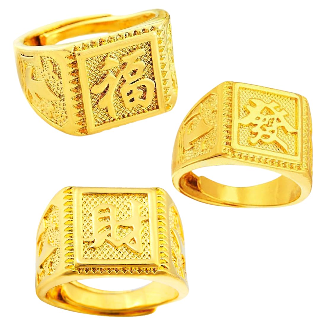 WHGHNCQ Anillos Hombre,3 Piezas Anillo Chapado en Oro de los Hombres Anillo de Sello Ajustable,Anillo de Dedo Pulgar Abierto,Anillo de Boda, Anillo de Kanji Riqueza de Suerte Juego de Anillos
