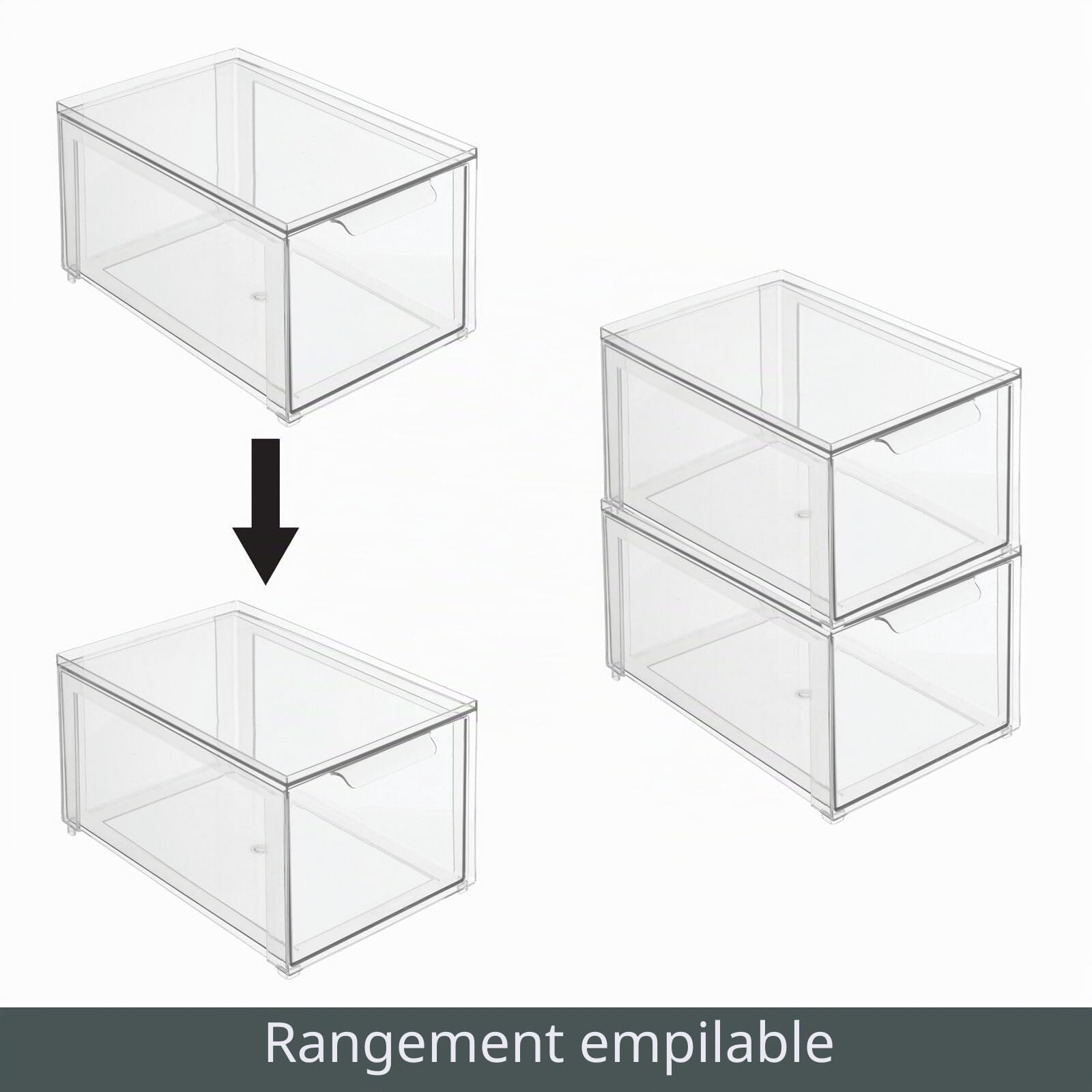 mDesign Lot de 4 boîtes de rangement empilables en plastique avec tiroir extractible - Boîte de rangement pour articles de toilette, maquillage et produits de beauté - Transparent