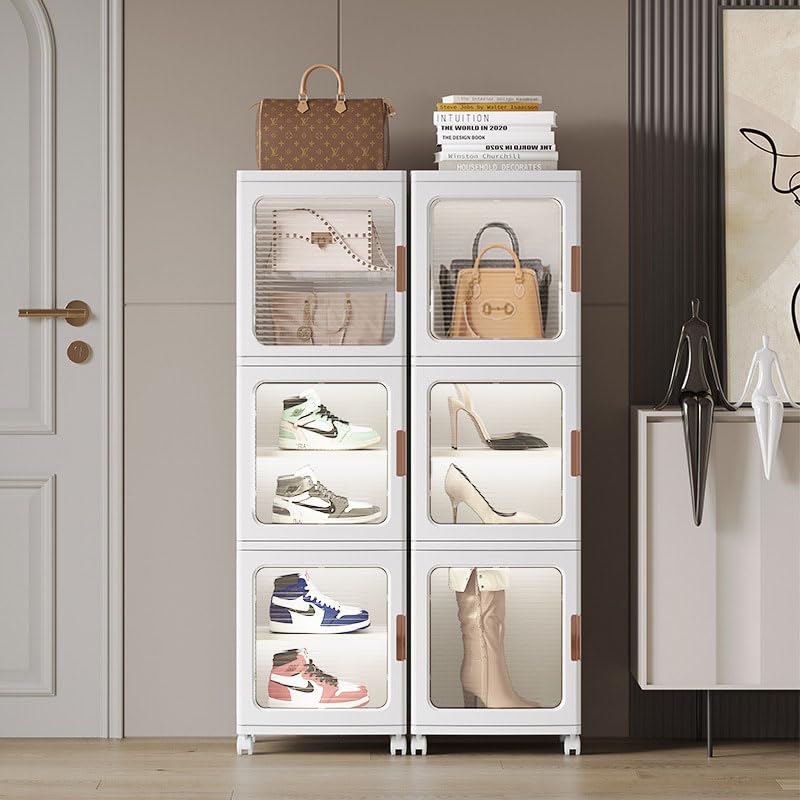 IEW Multipurpose Storage Cabinet, Foldable Storage Cabinet with Adjustable Shelf, Plastic Cabinet with Wheels, Organizer Box for Purse Sneakers Boots, Portable Display Stand for Handbag Cosmetics