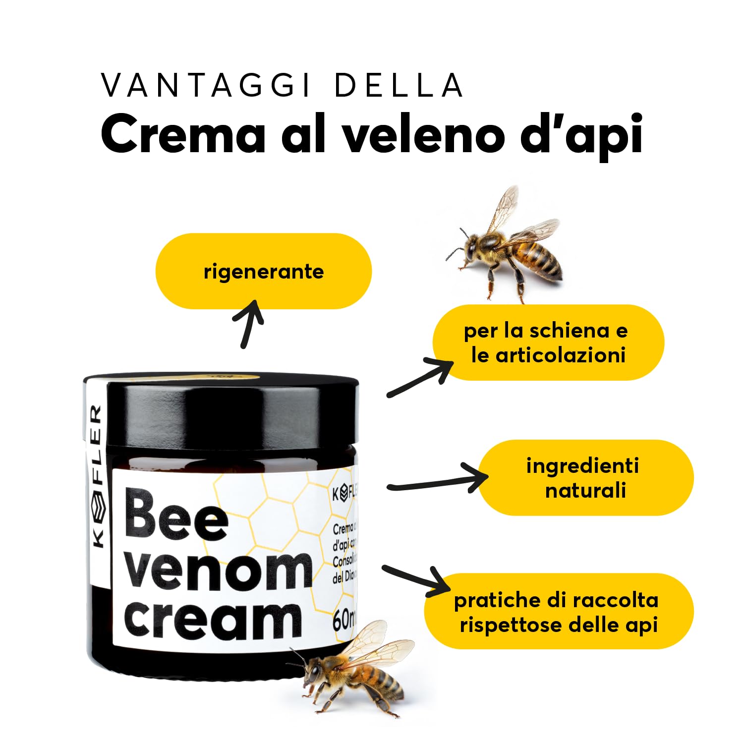 KOFLER Crema al veleno d'api ad alto dosaggio con arnica, consolida maggiore e artiglio del diavolo - cosmetico naturale di alta qualità proveniente dall'Alto Adige, 60 g