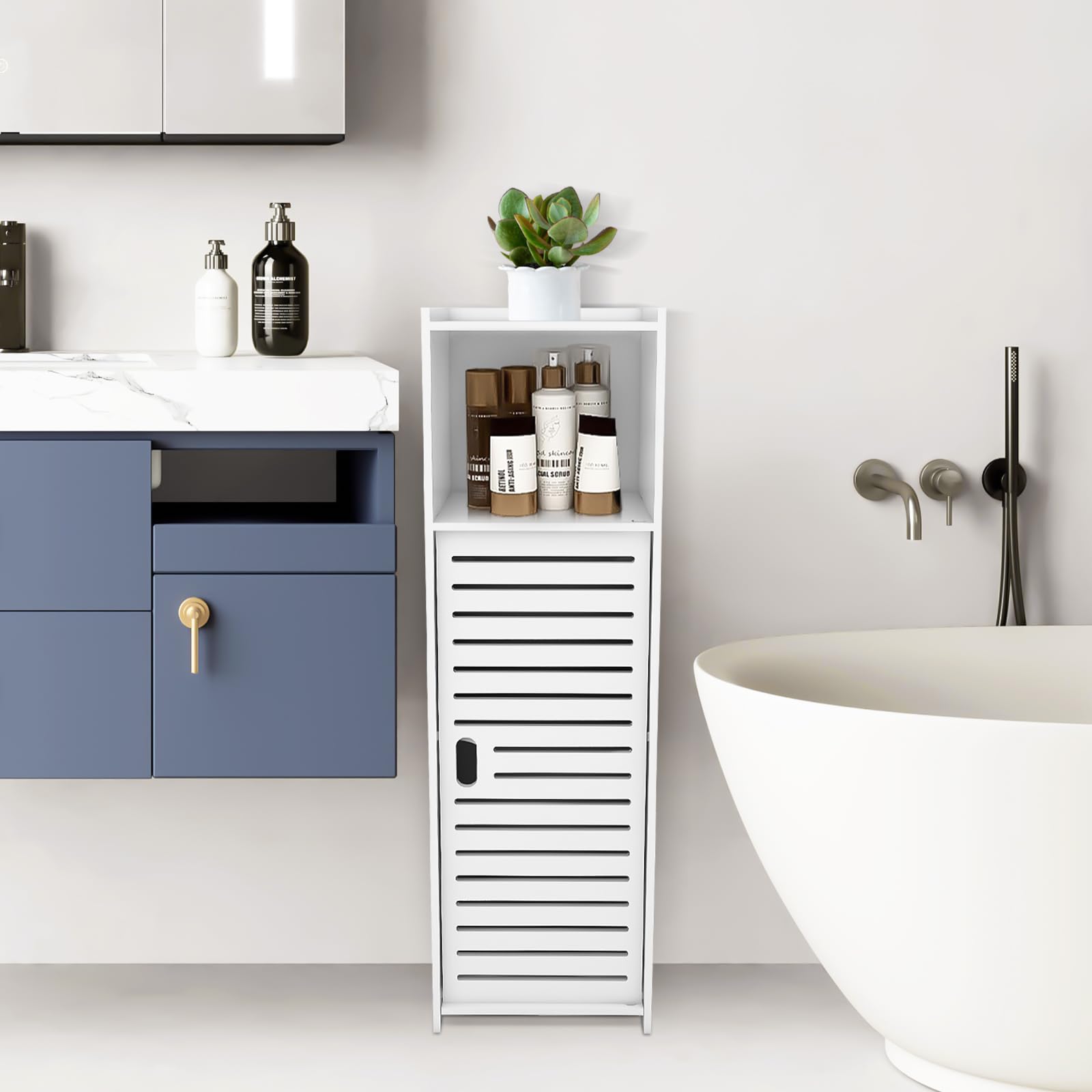 HUOLE Supporto per carta igienica per armadio, piccolo mobile per WC, mobile da bagno su piedistallo design moderno, colonna, armadio/guardaroba, 25 x 22 x 80 cm, bianco