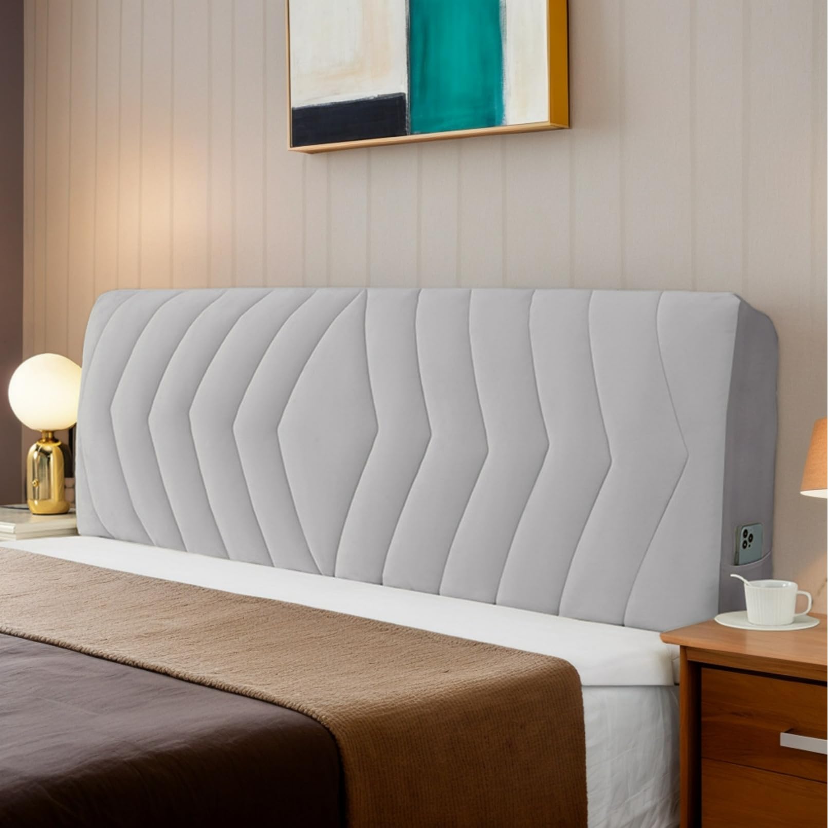 HORLSKI Velvet Head Board Covers Stretch Bed Headboard Protective Cover Dustproof Protective Cover for Padded Bedroom Headboard Size Single Double King Queen,Grey 3,220cm